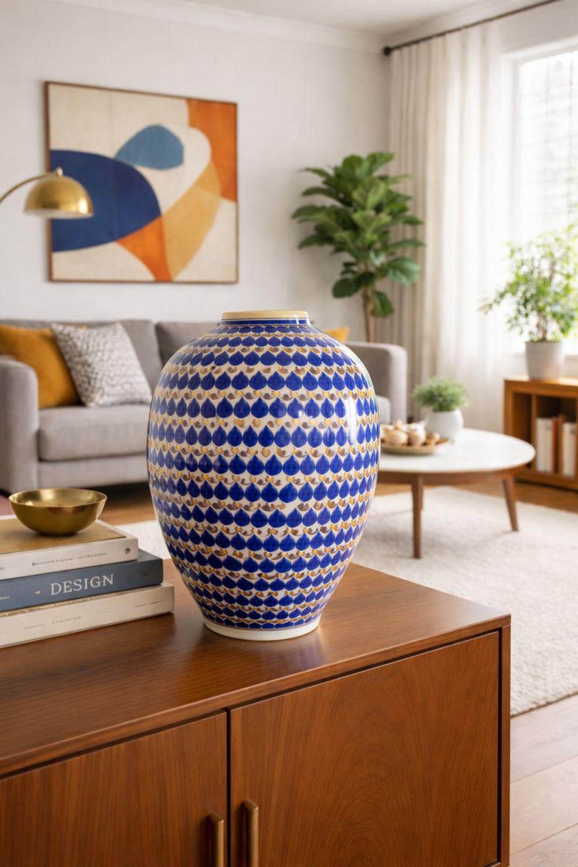 Vintage Ceramic Vase, Blue White Geometric Pottery Accent from the 1980s, view 2