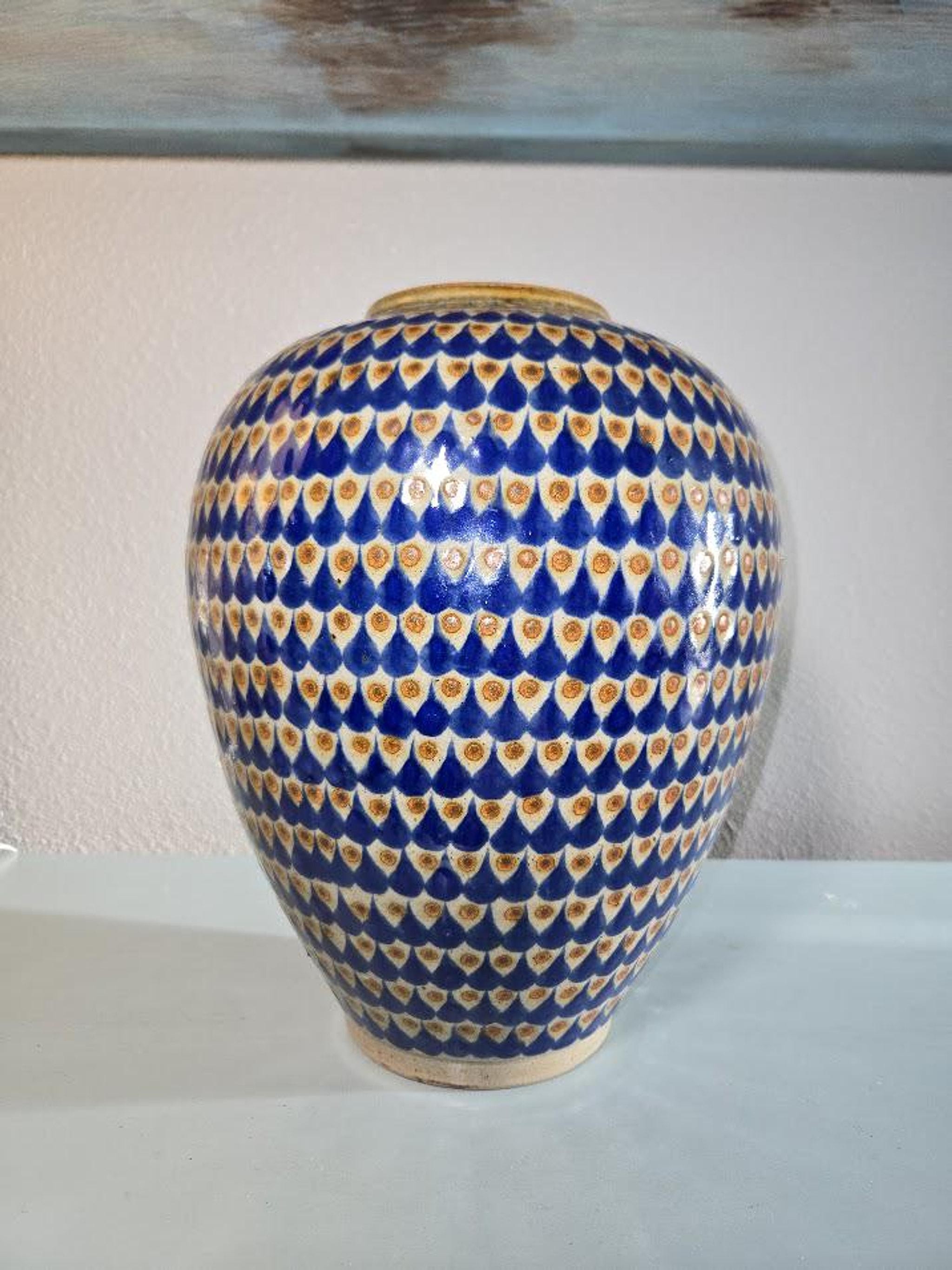 Vintage Ceramic Vase, Blue White Geometric Pottery Accent from the 1980s, view 3