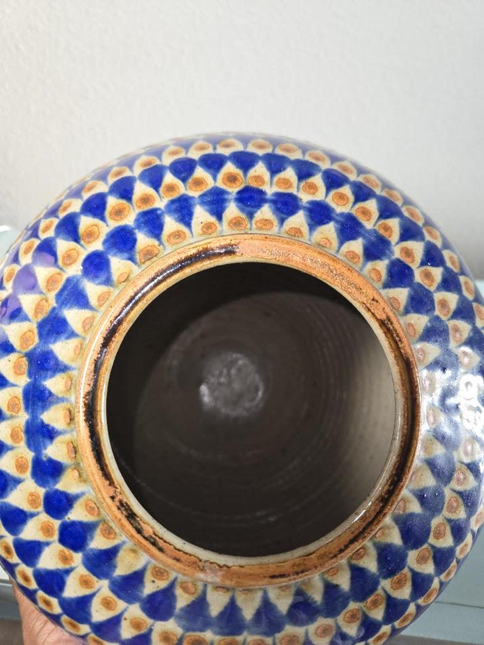 Vintage Ceramic Vase, Blue White Geometric Pottery Accent from the 1980s, view 4