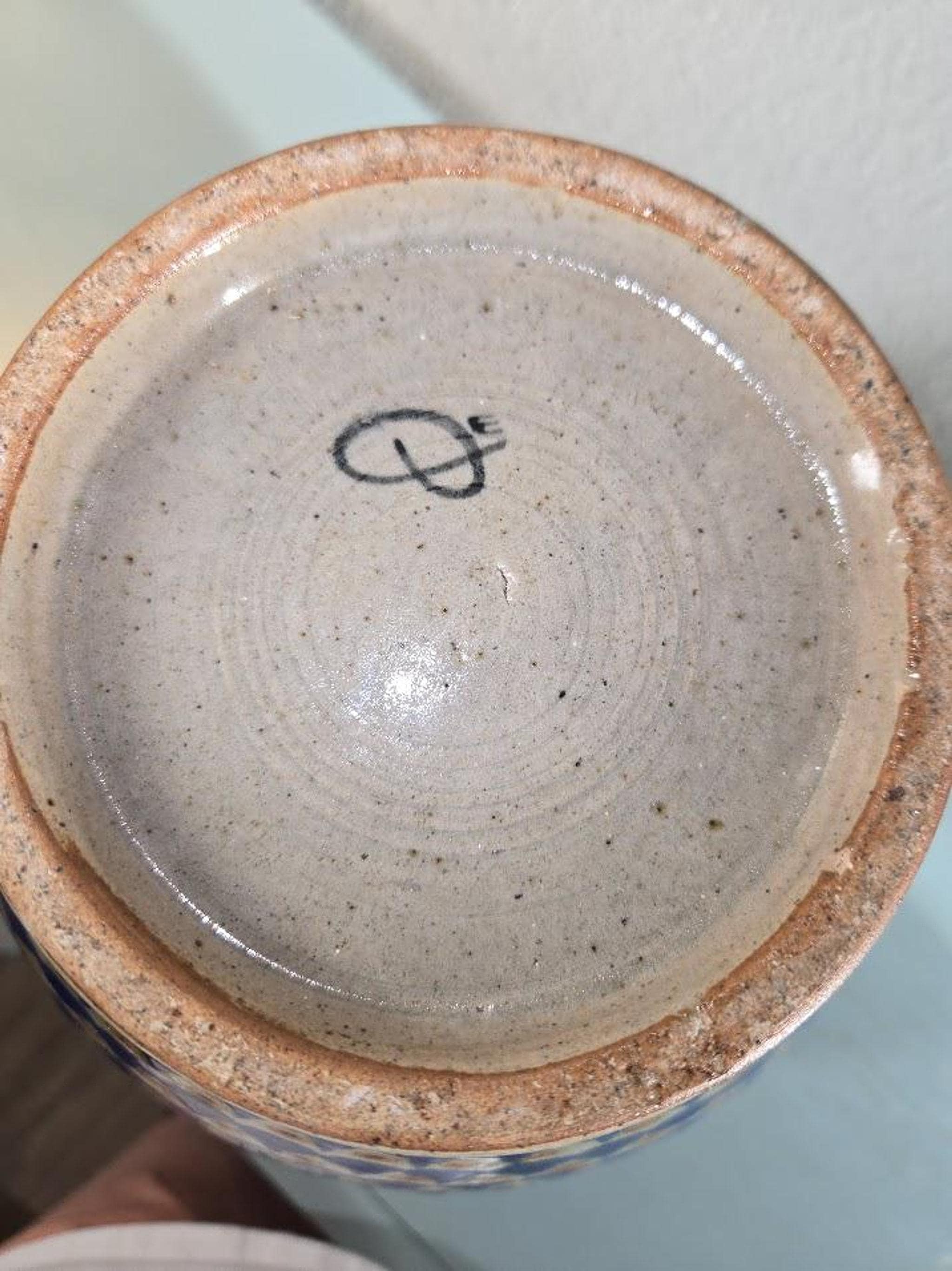 Vintage Ceramic Vase, Blue White Geometric Pottery Accent from the 1980s, view 5