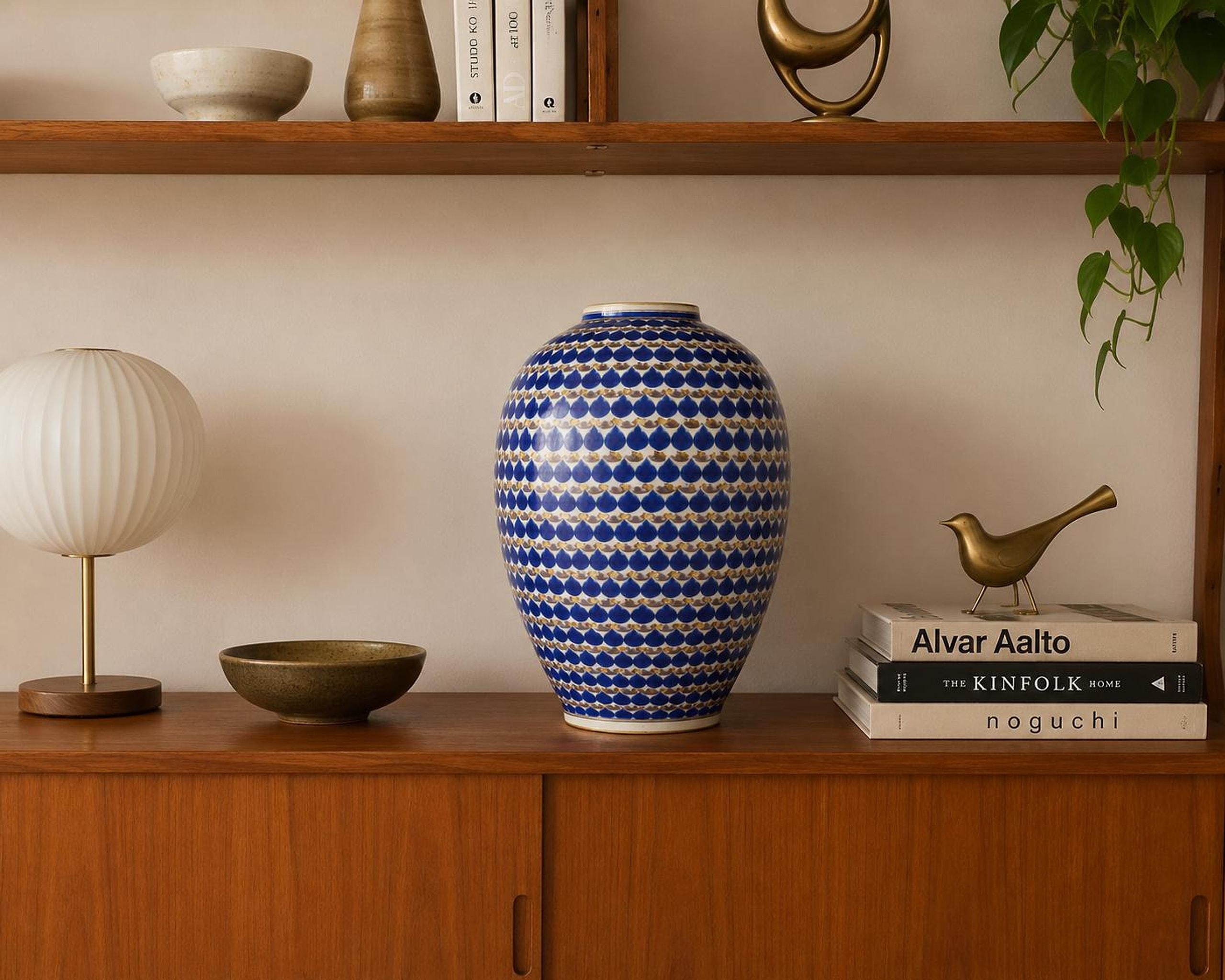 Vintage Ceramic Vase, Blue White Geometric Pottery Accent from the 1980s, view 6