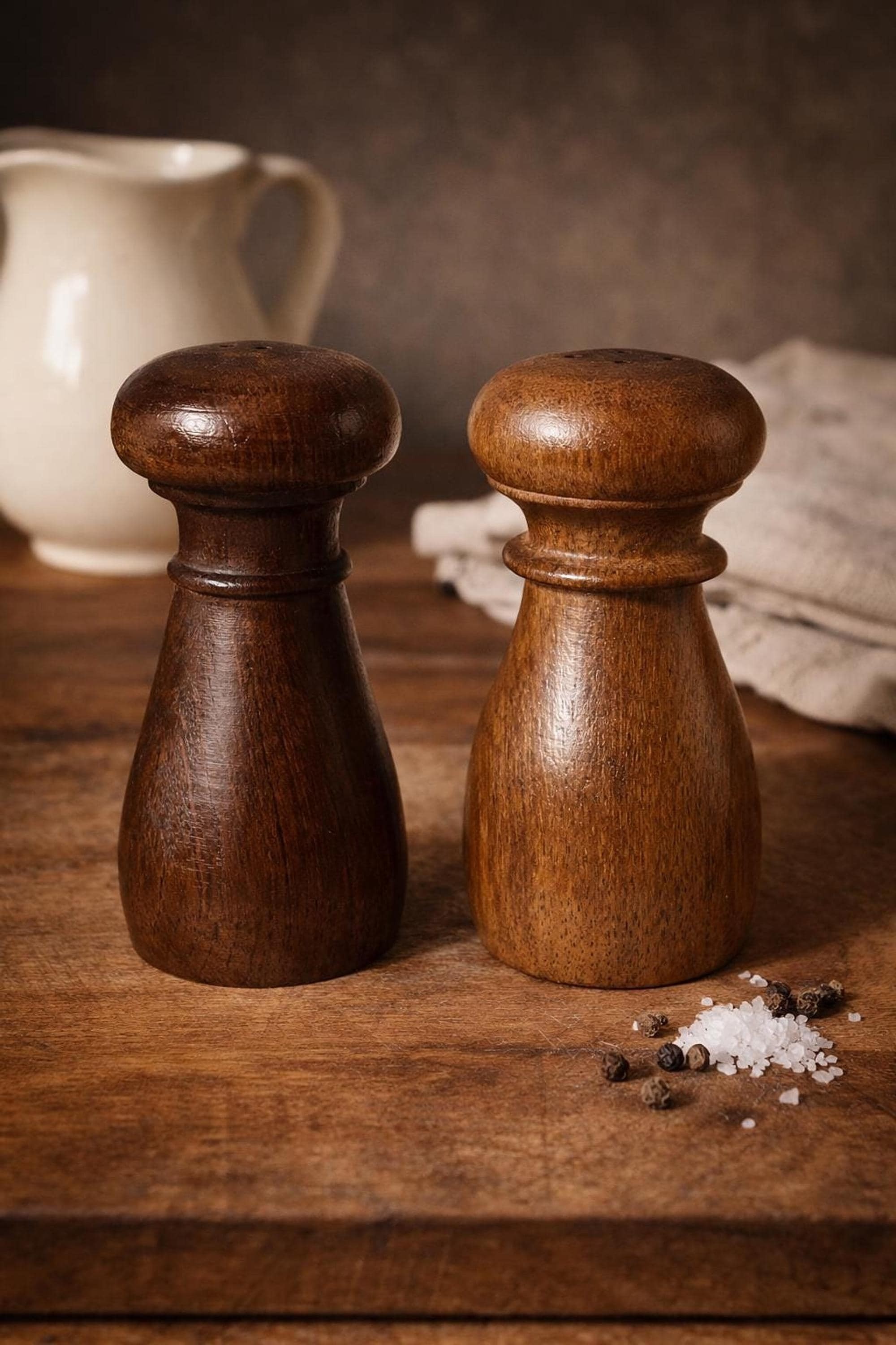 Vintage Teak Mills, Hand-Turned Salt and Pepper Shakers from Thailand, view 1
