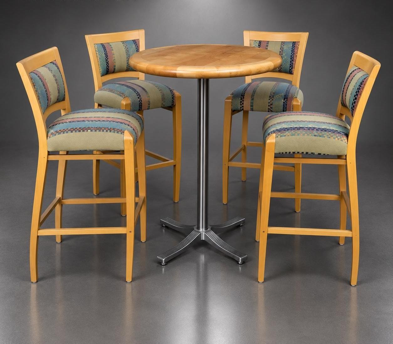 Bar Height Set with Maple Table and MCM Patterned Chairs, view 2
