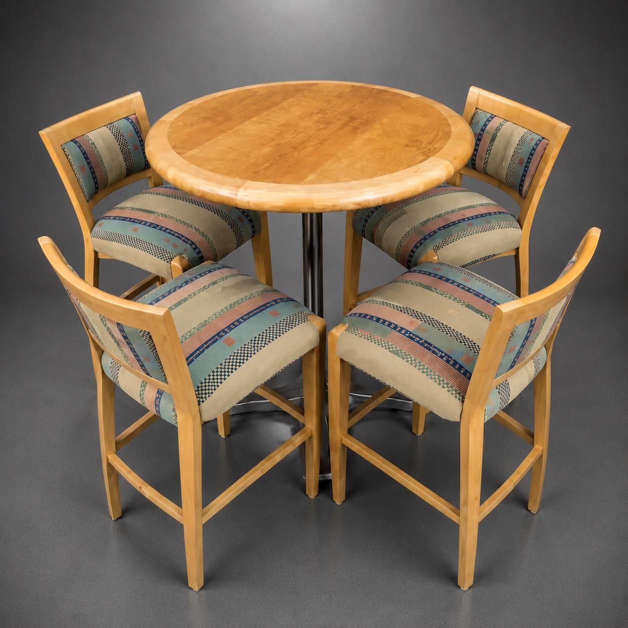 Bar Height Set with Maple Table and MCM Patterned Chairs, view 3