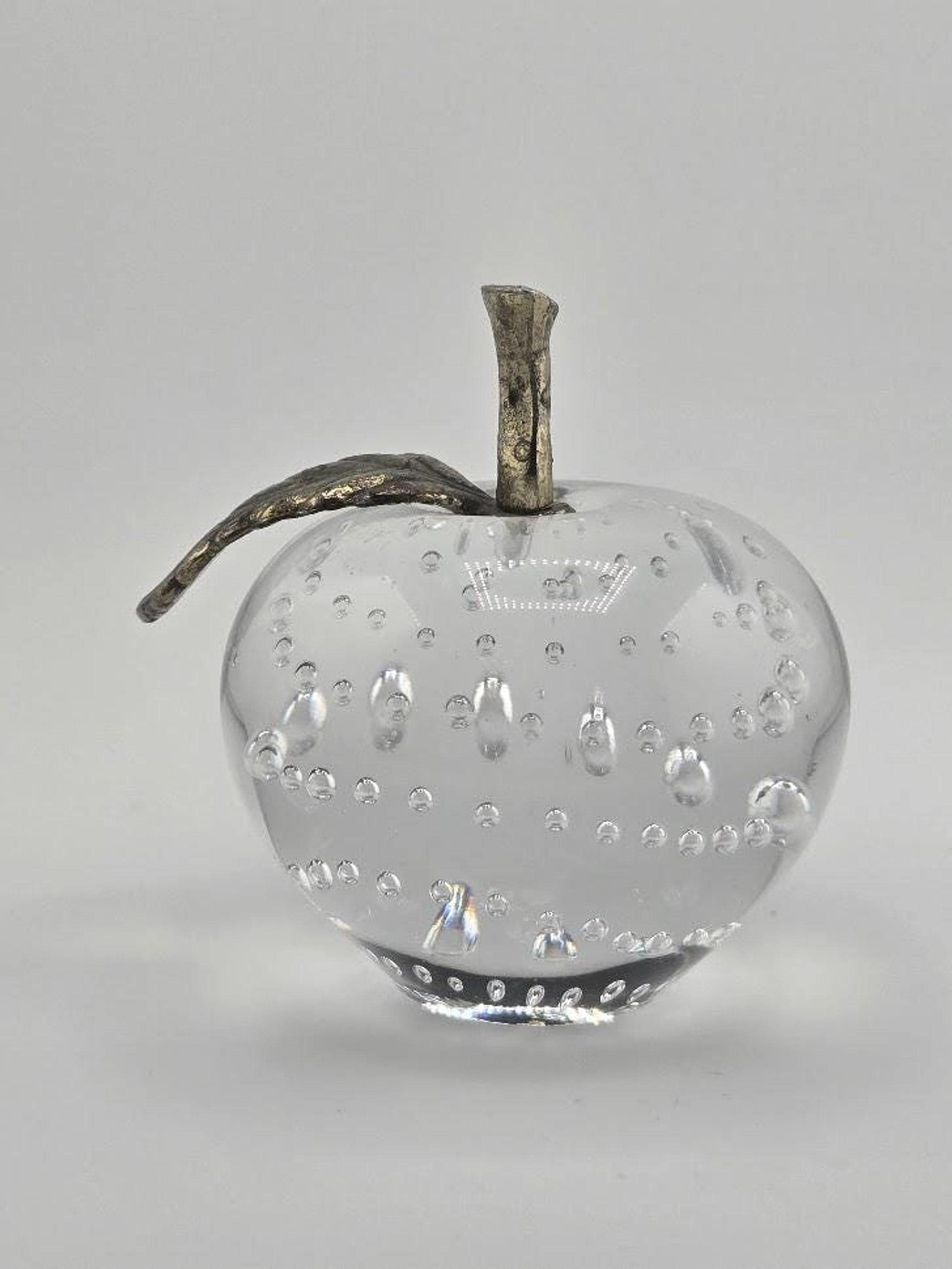 Vintage Glass Apple Paperweight with Bullicante Bubbles and Brass Stem, view 2