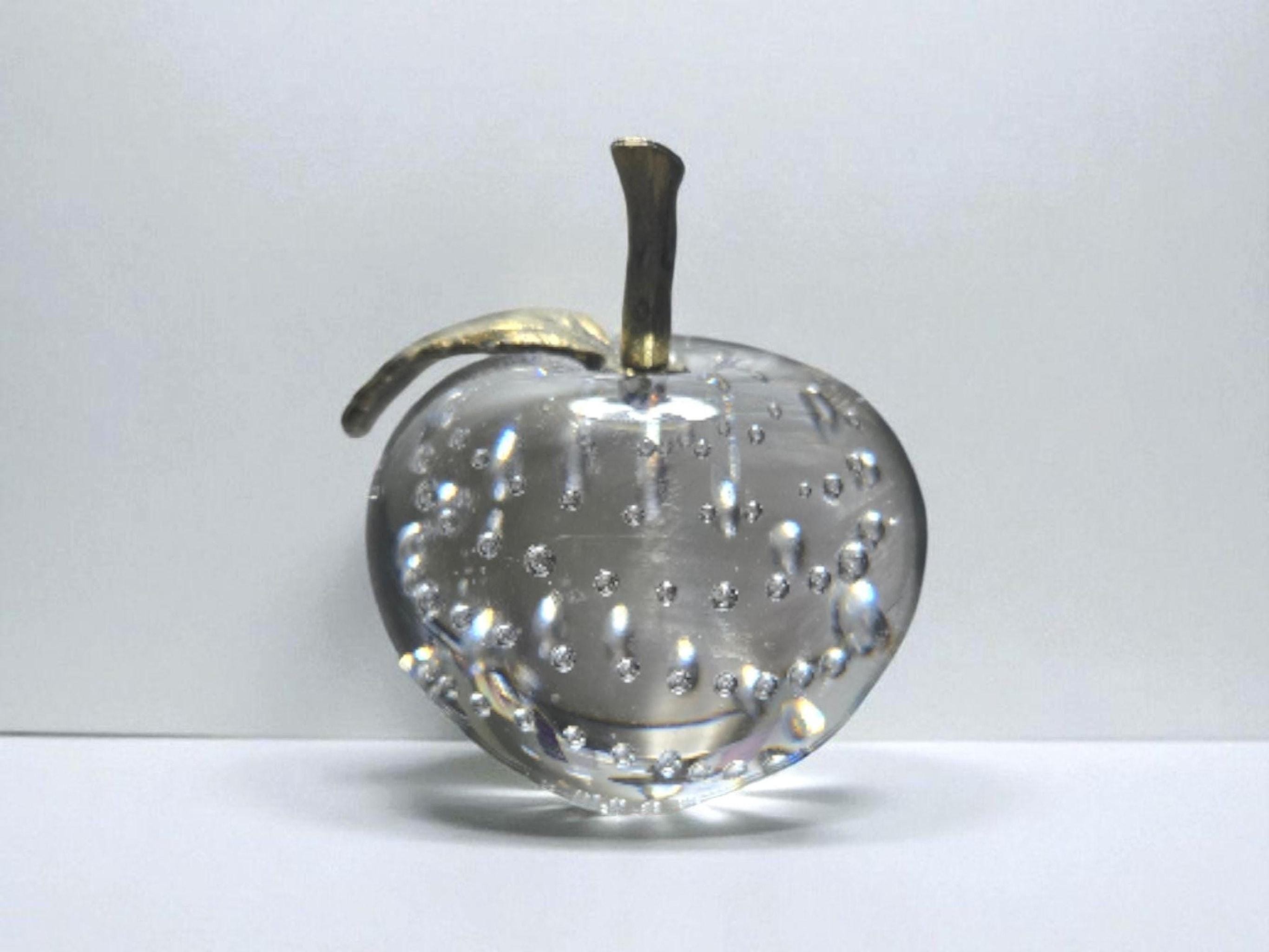 Vintage Glass Apple Paperweight with Bullicante Bubbles and Brass Stem, view 3