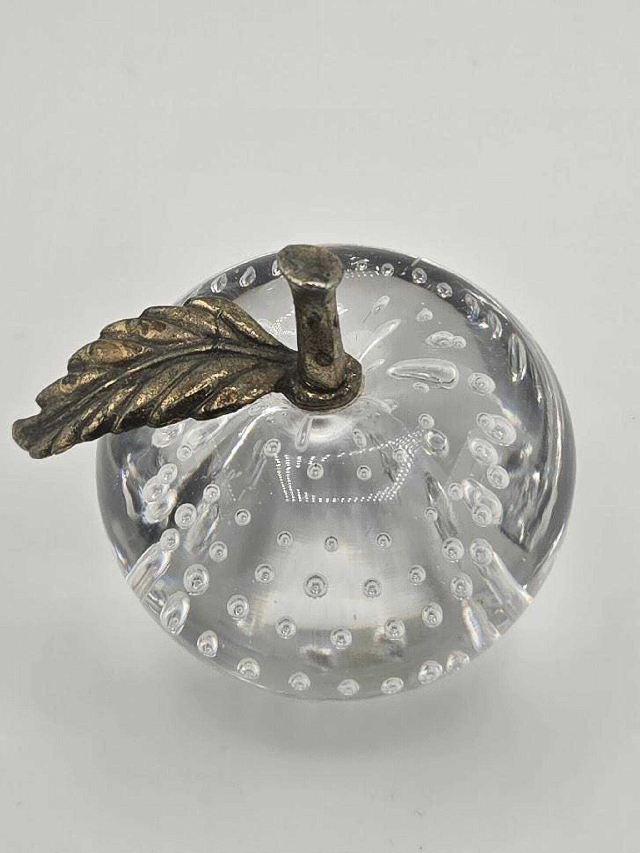 Vintage Glass Apple Paperweight with Bullicante Bubbles and Brass Stem, view 4