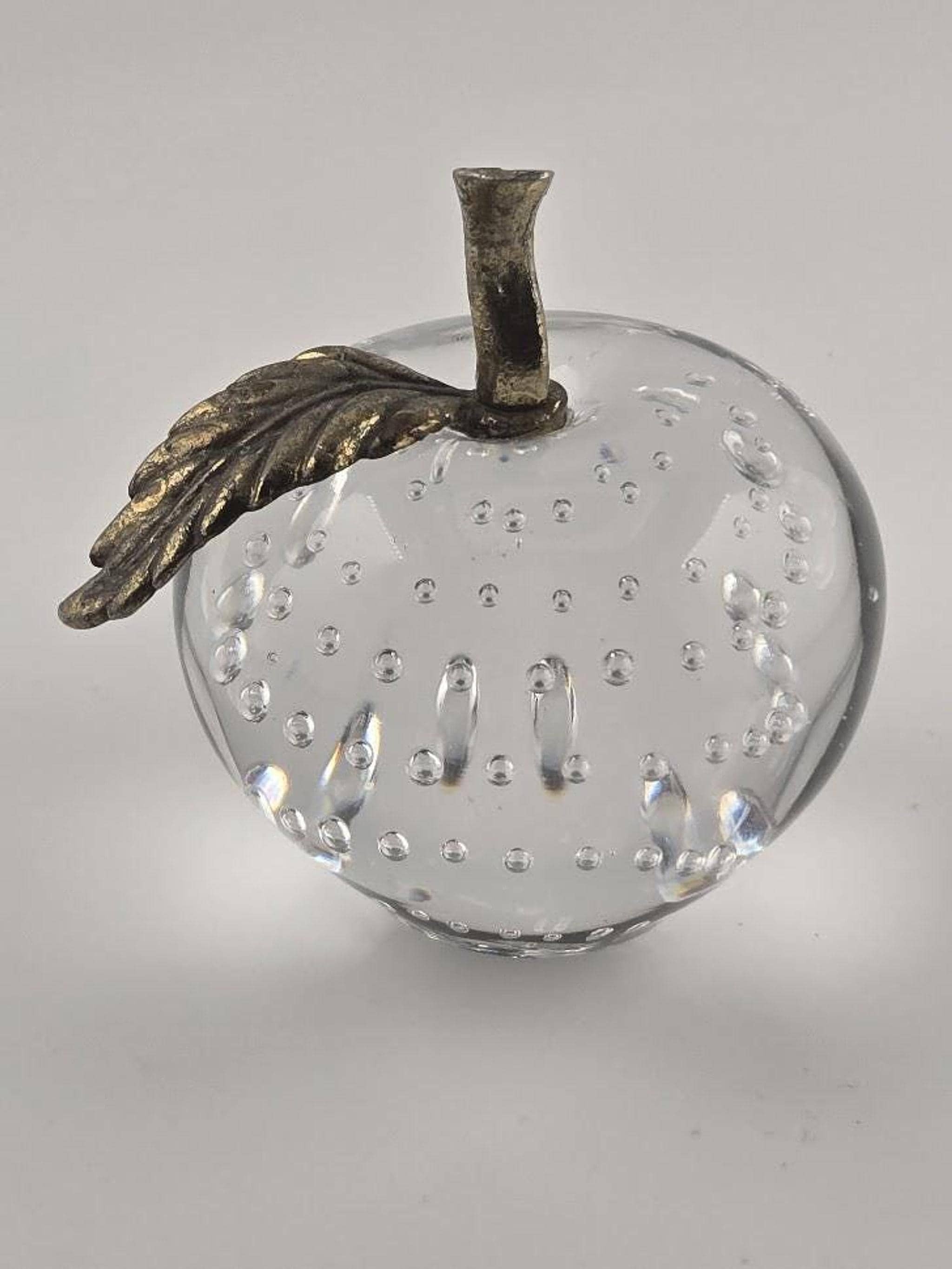 Vintage Glass Apple Paperweight with Bullicante Bubbles and Brass Stem, view 5