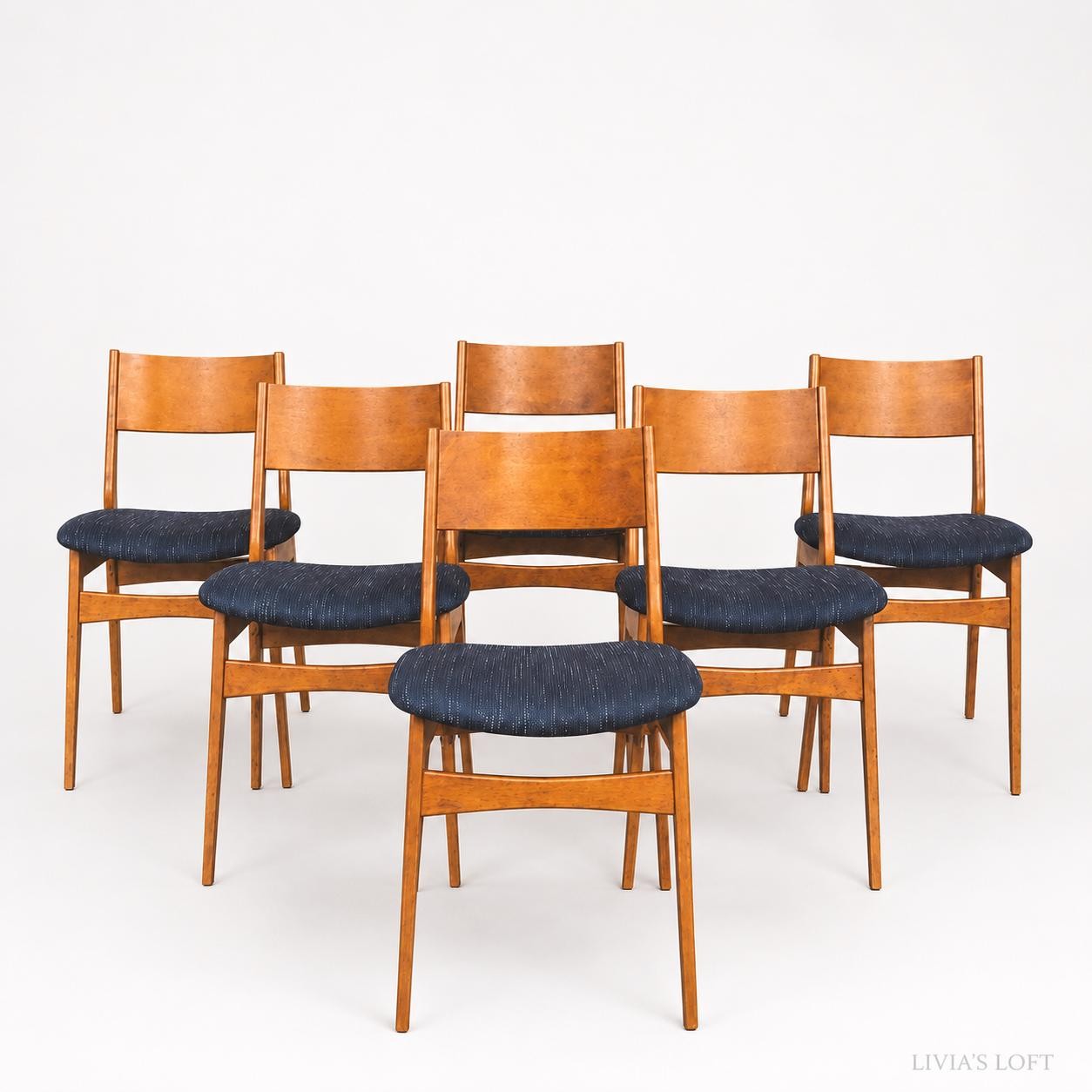 Set of 6 Mid Century Modern Dining Chairs, Teak Danish Style, Navy Blue Upholstered Seats, Vintage Scandinavian Dining Set
