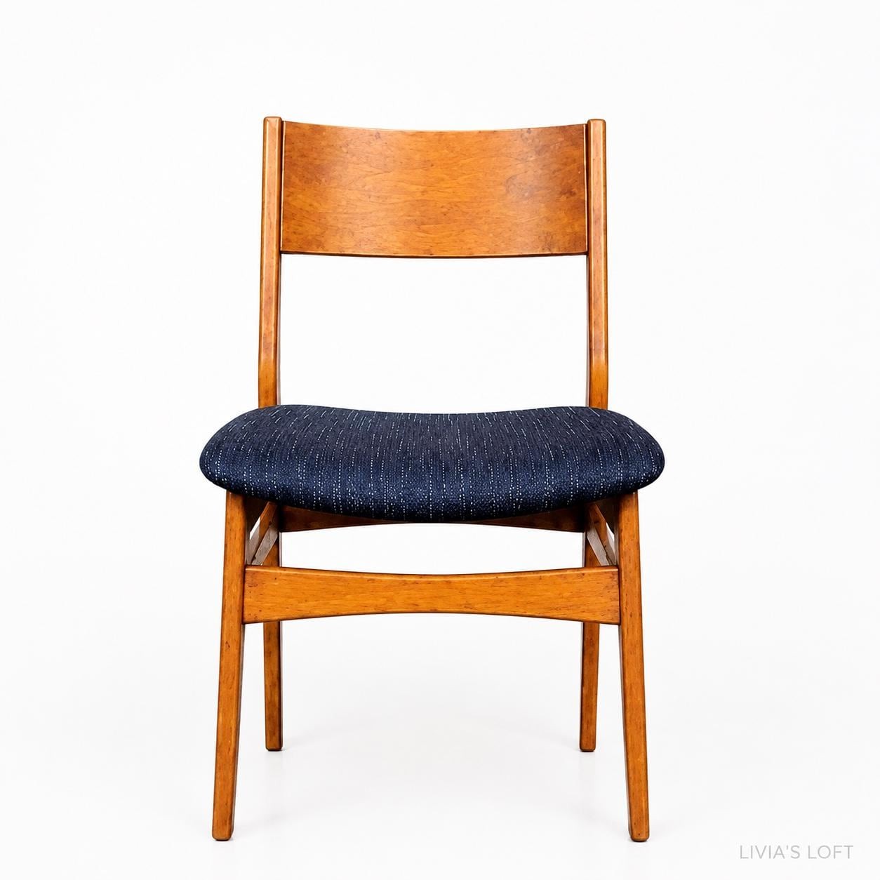 Set of 6 Mid Century Modern Dining Chairs, Teak Danish Style, Navy Blue Upholstered Seats, Vintage Scandinavian Dining Set, view 2