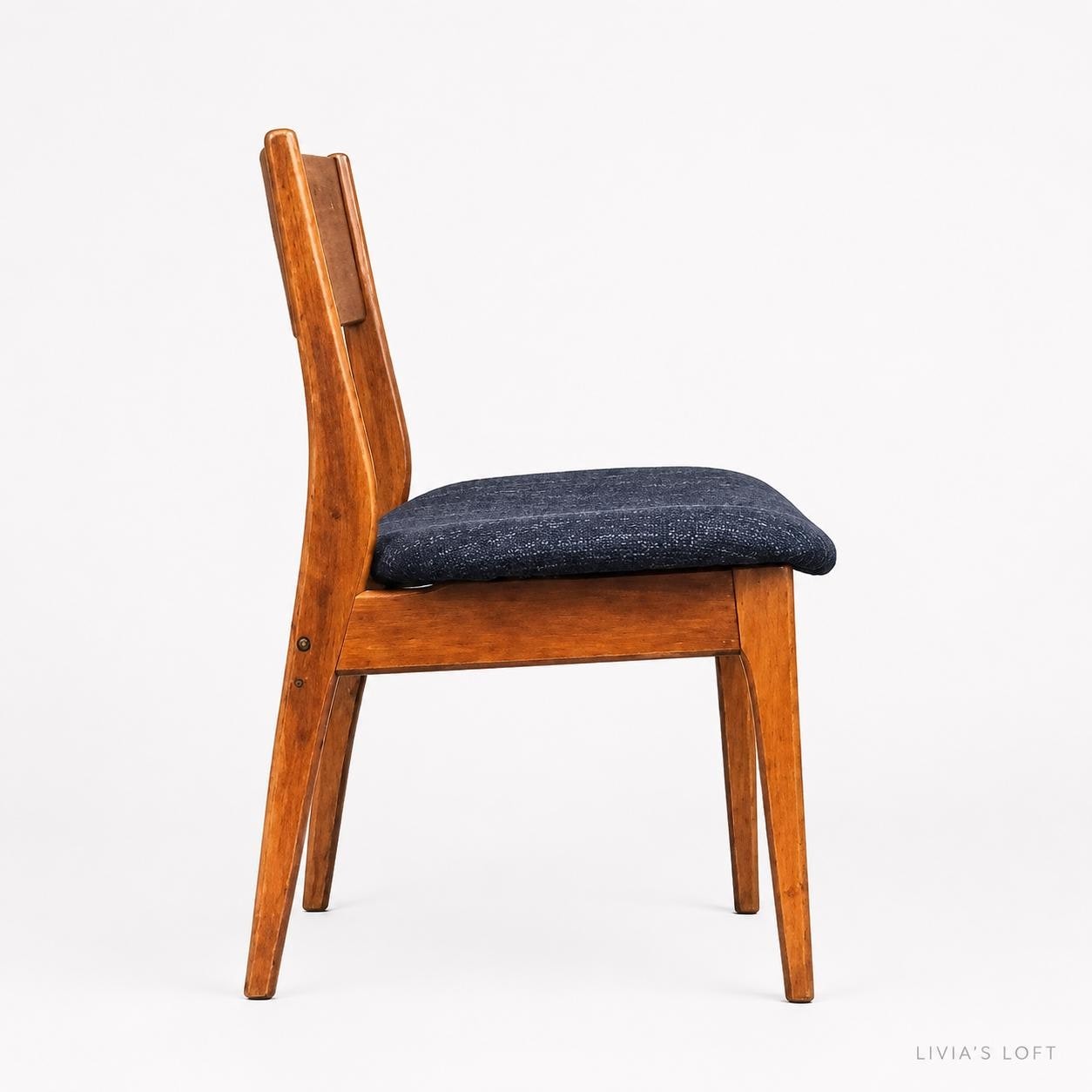 Set of 6 Mid Century Modern Dining Chairs, Teak Danish Style, Navy Blue Upholstered Seats, Vintage Scandinavian Dining Set, view 4