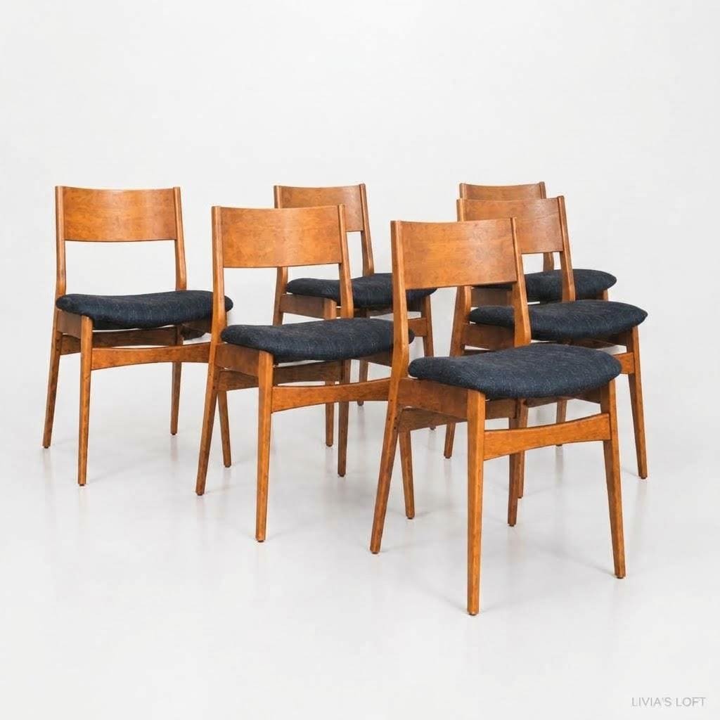Set of 6 Mid Century Modern Dining Chairs, Teak Danish Style, Navy Blue Upholstered Seats, Vintage Scandinavian Dining Set, view 6