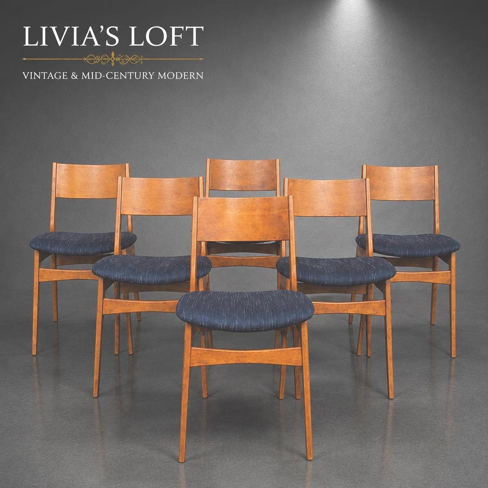 Set of 6 Mid Century Modern Dining Chairs, Teak Danish Style, Navy Blue Upholstered Seats, Vintage Scandinavian Dining Set, view 7