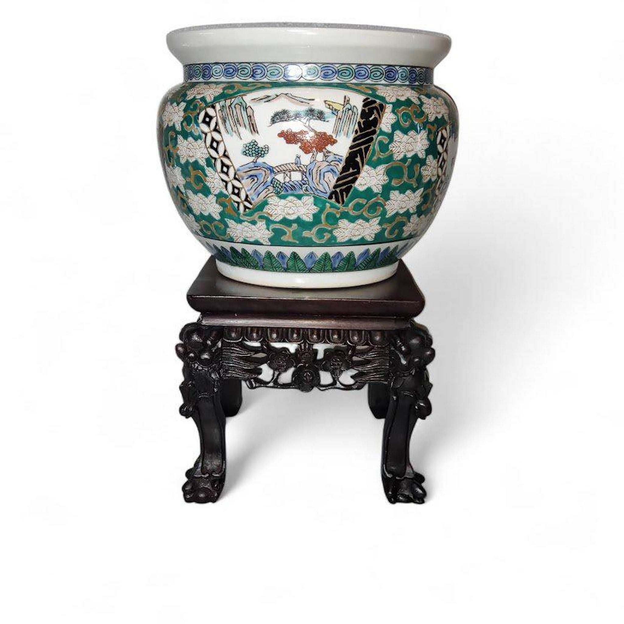 Vintage Gold Imari Hand-Painted Porcelain Planter with Stand, view 1