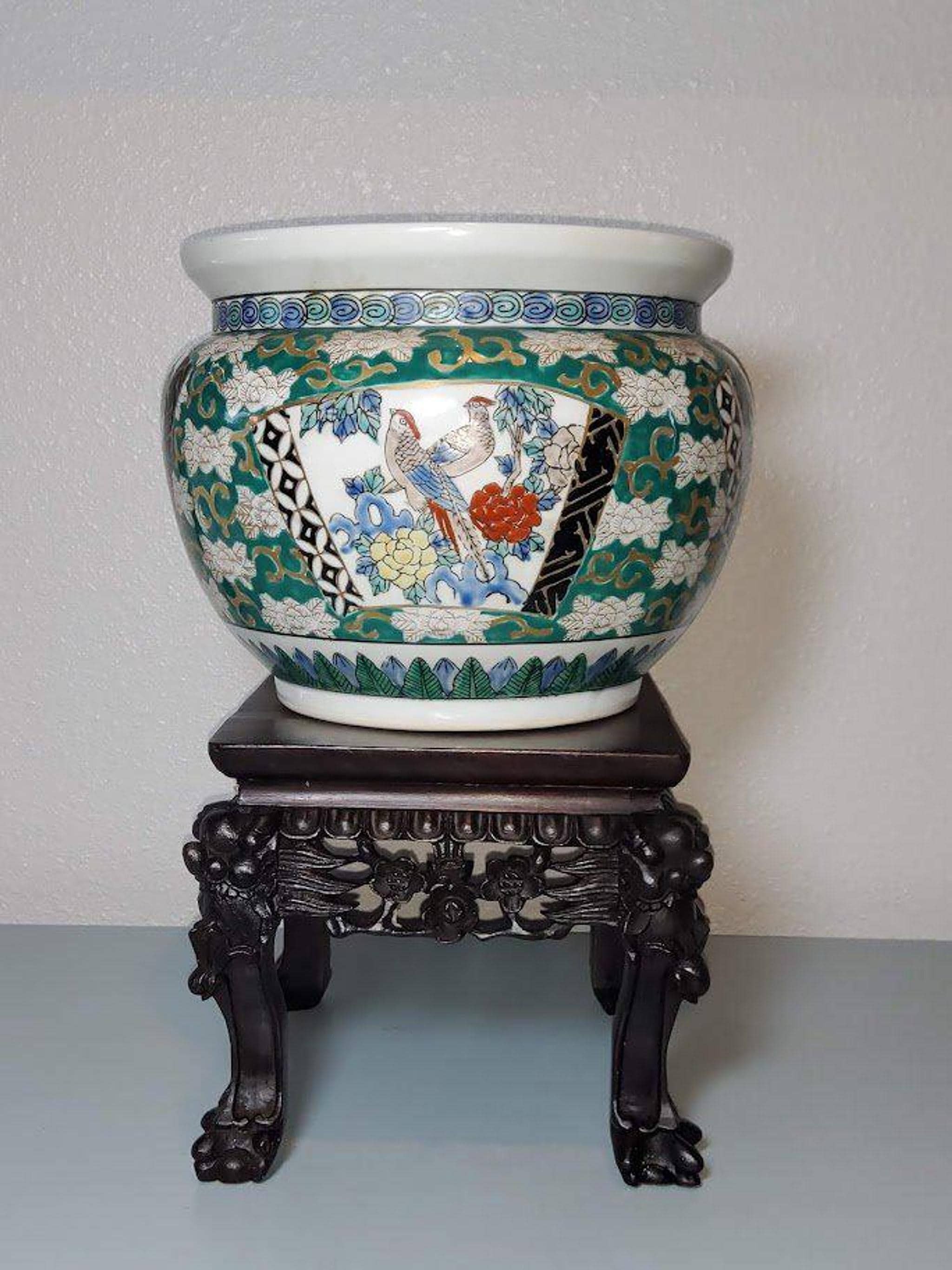 Vintage Gold Imari Hand-Painted Porcelain Planter with Stand, view 2