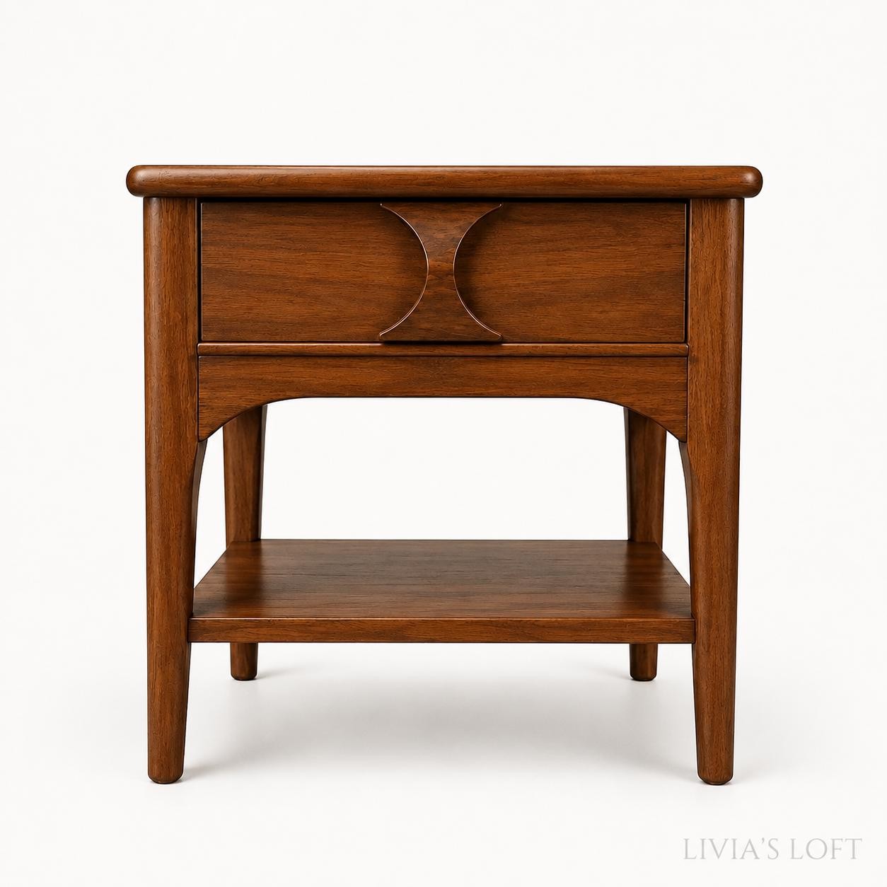 Kent Coffey MCM Nightstand, Walnut Table with Sculpted Drawer Pull