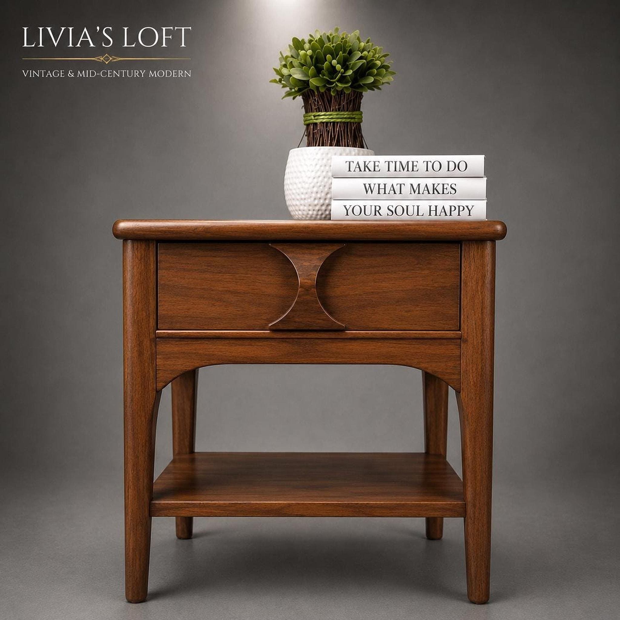Kent Coffey MCM Nightstand, Walnut Table with Sculpted Drawer Pull, view 6