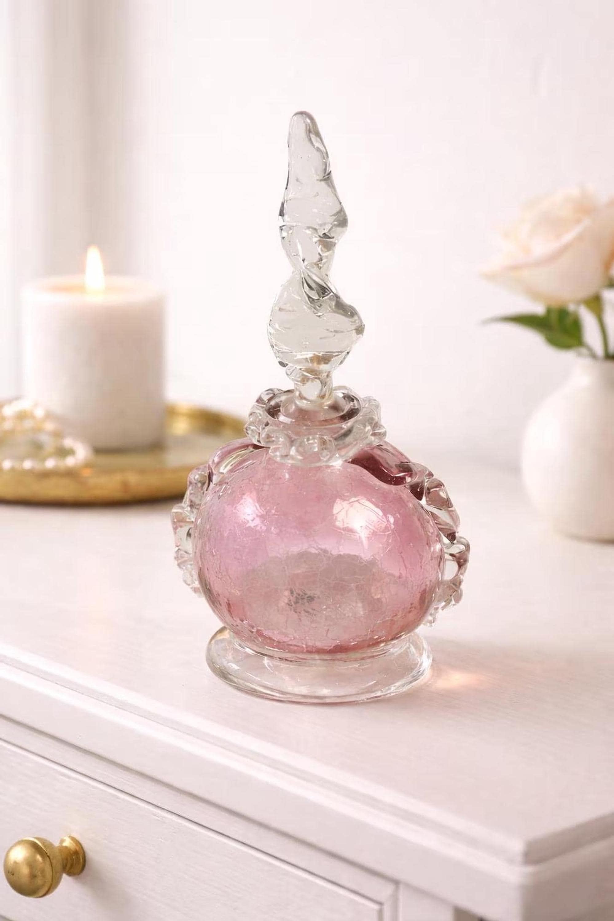 Vintage Art Glass Perfume Bottle, Pink Crackle Round Design with Clear Handles
