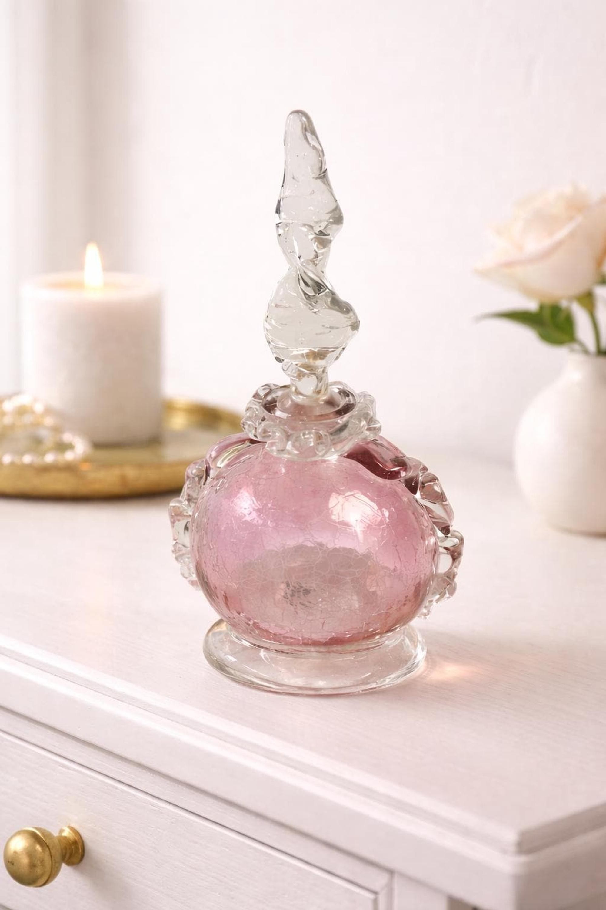 Vintage Art Glass Perfume Bottle, Pink Crackle Round Design with Clear Handles, view 2