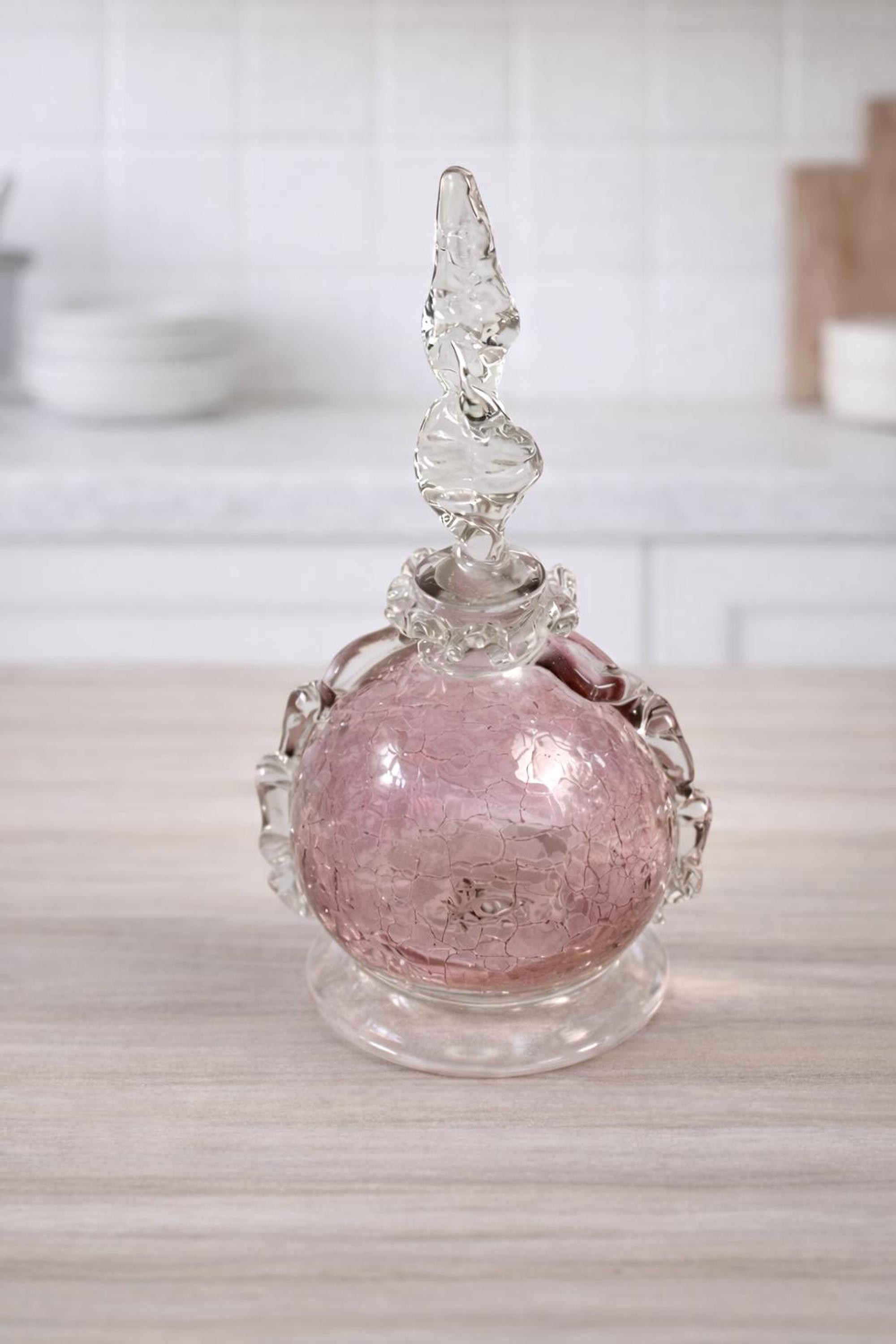 Vintage Art Glass Perfume Bottle, Pink Crackle Round Design with Clear Handles, view 3