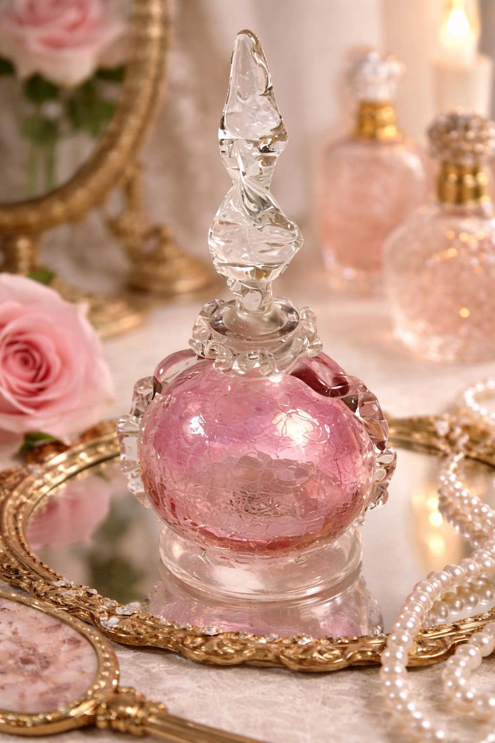 Vintage Art Glass Perfume Bottle, Pink Crackle Round Design with Clear Handles, view 4
