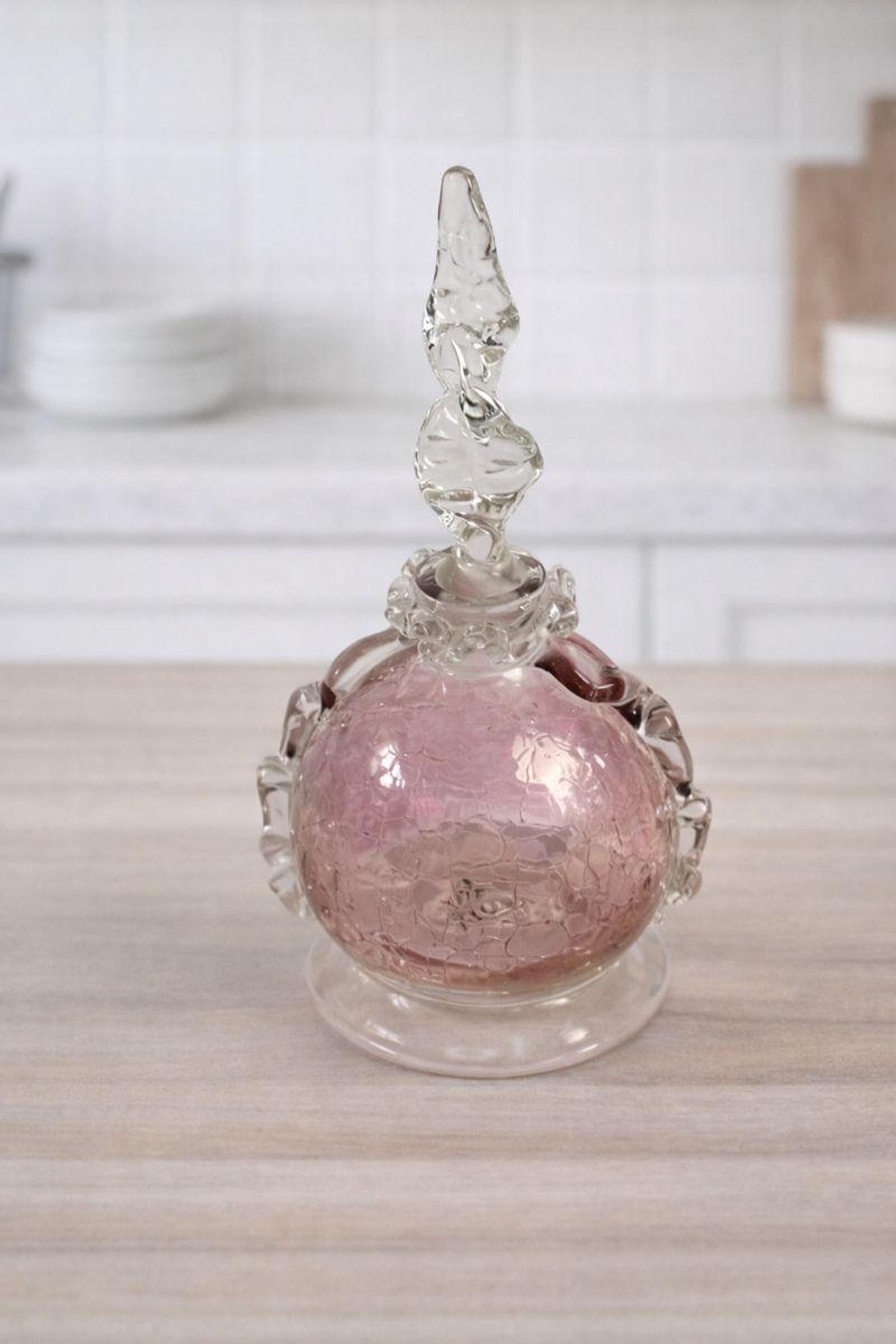 Vintage Art Glass Perfume Bottle, Pink Crackle Round Design with Clear Handles, view 6