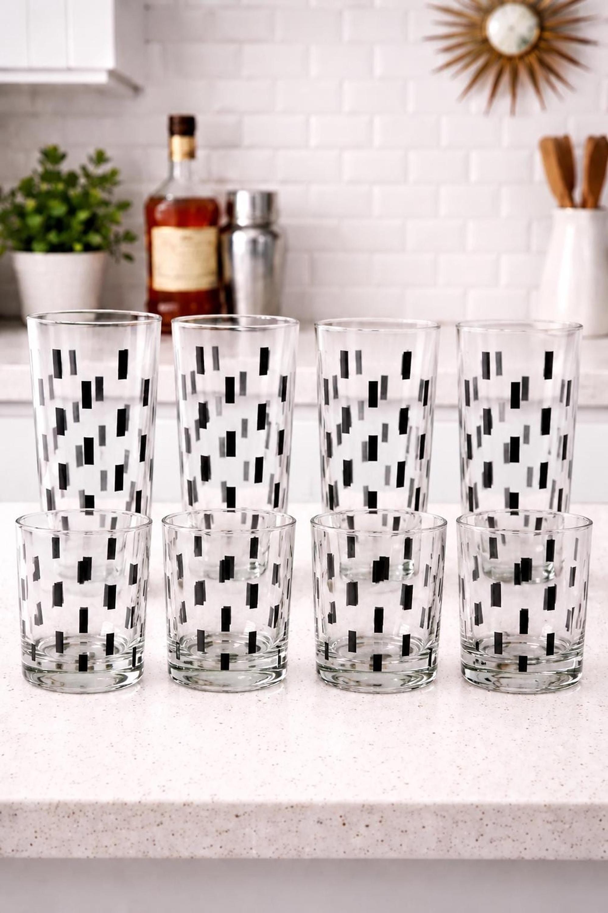 Highball Glass Set of 8, Black Geometric Vintage Barware