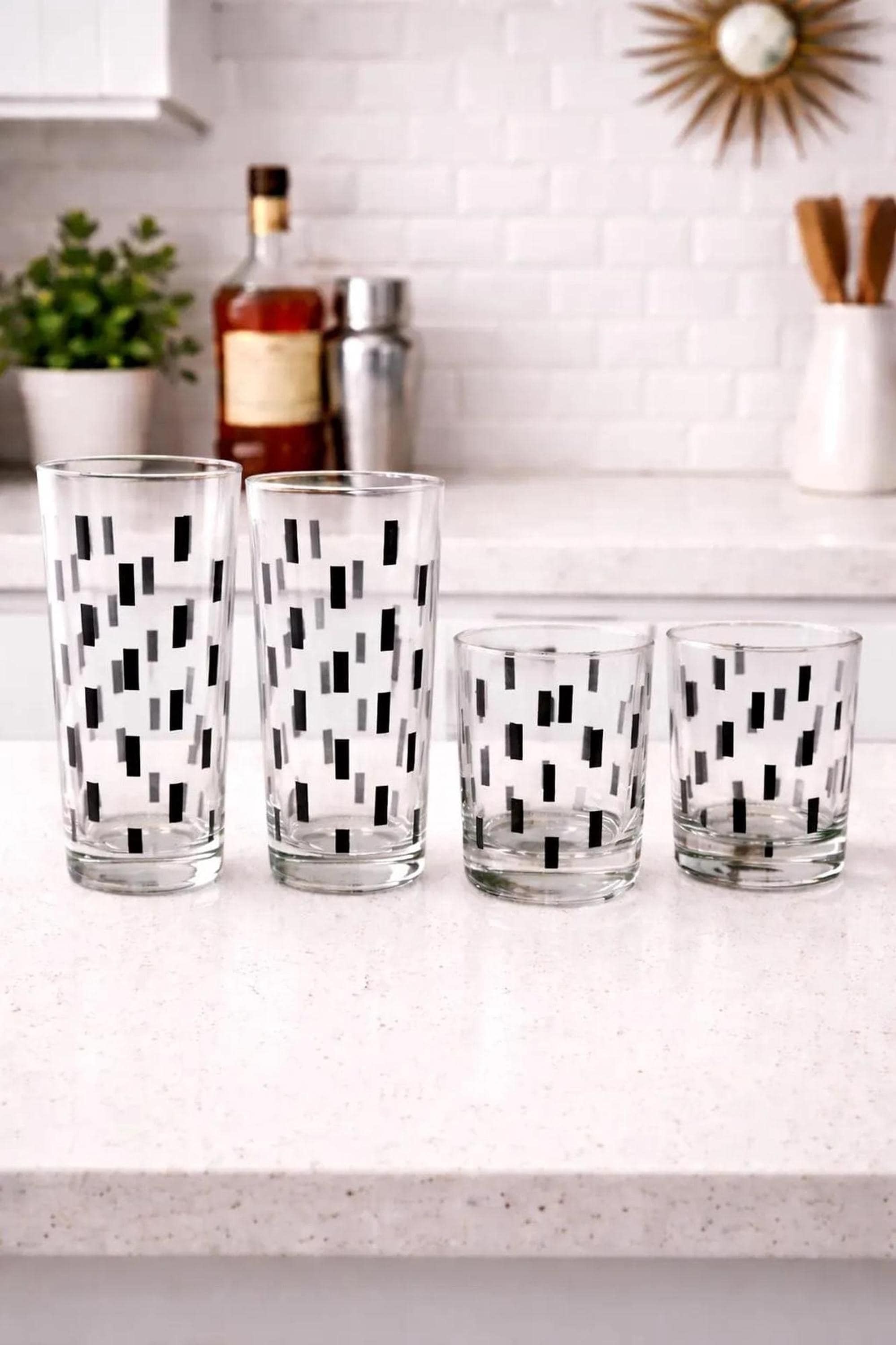Highball Glass Set of 8, Black Geometric Vintage Barware, view 2