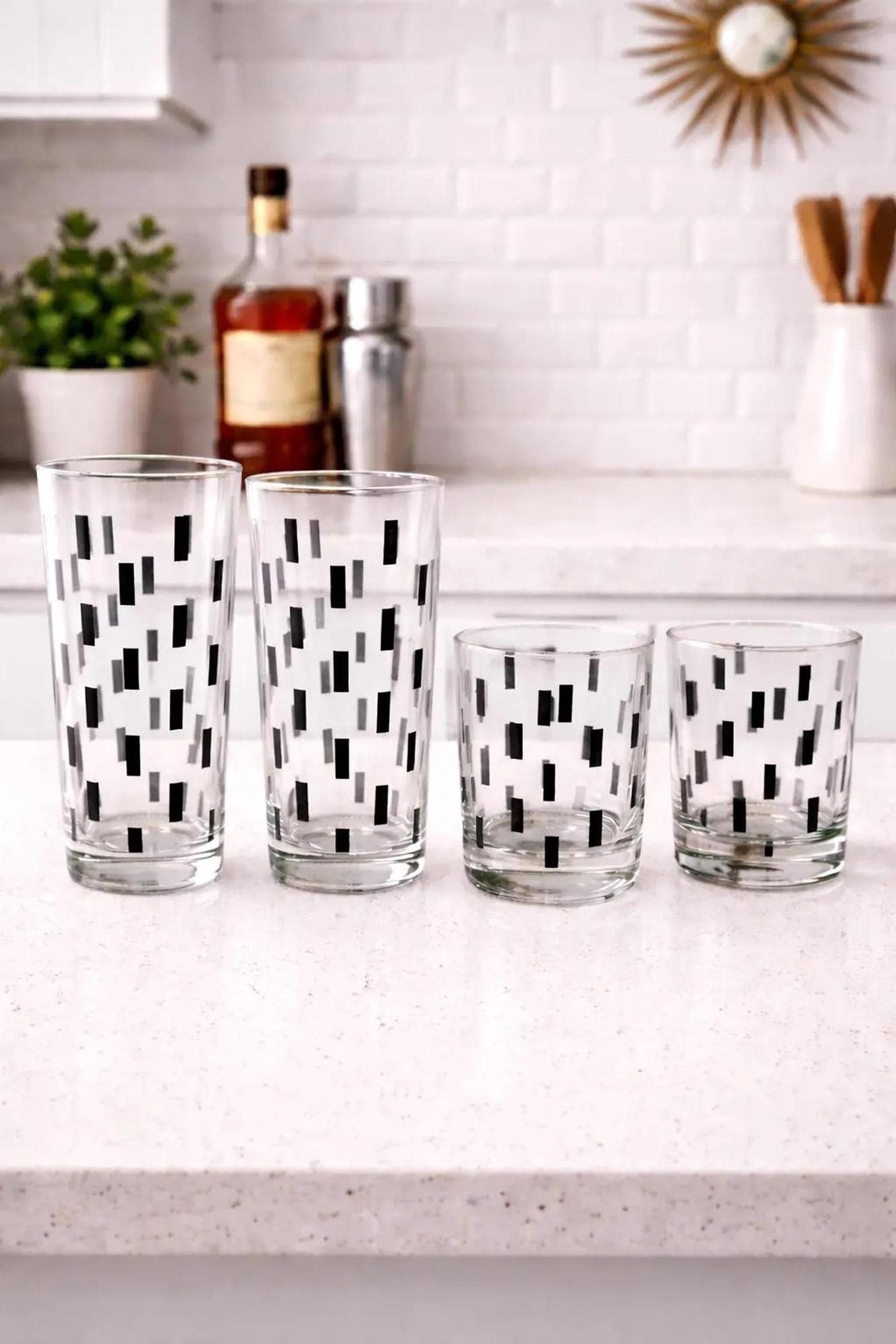 Highball Glass Set of 8, Black Geometric Vintage Barware, view 7