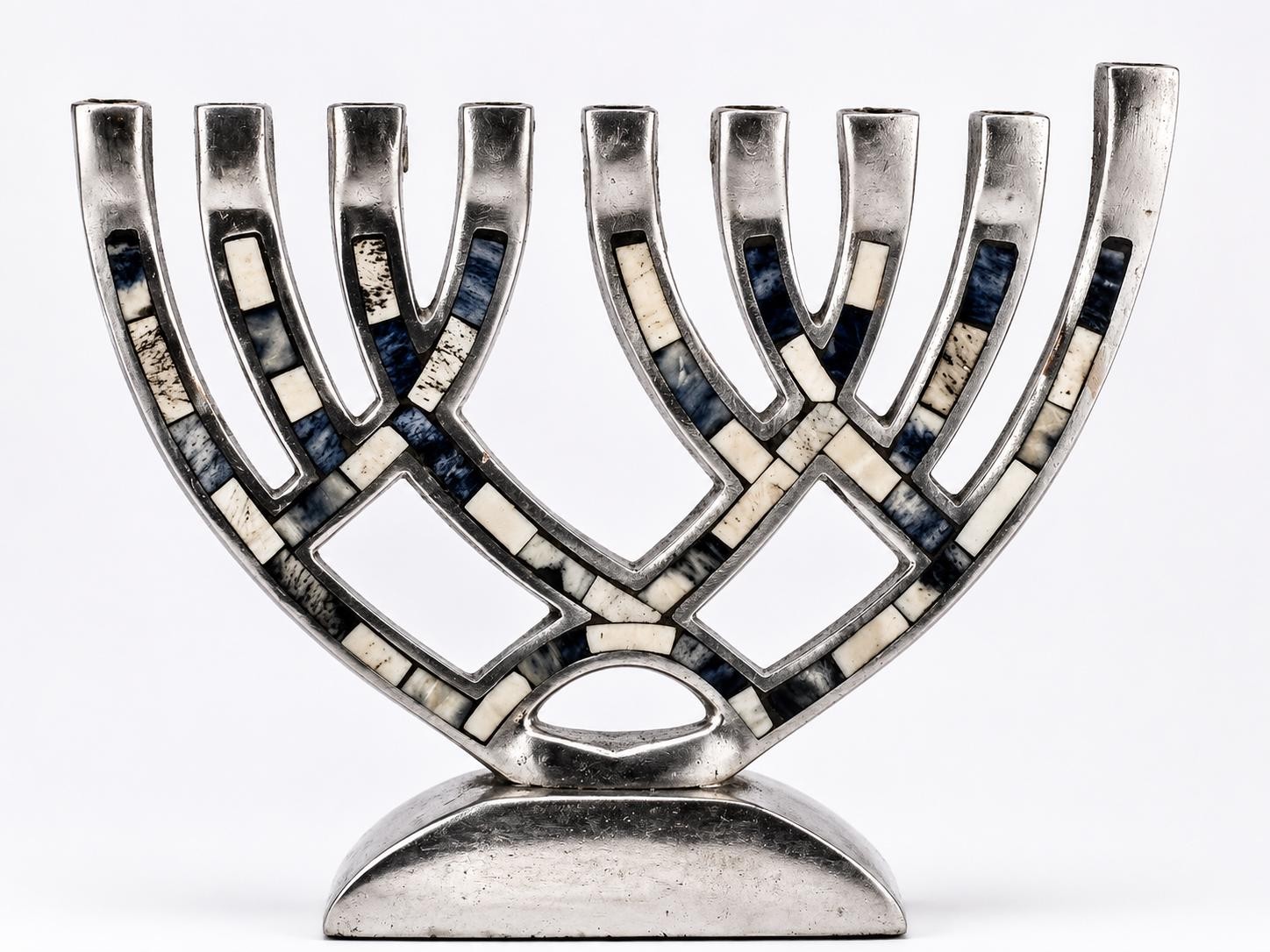 Modern Mosaic Hanukkah Menorah with Blue Stone Inlay, 1960s Judaica Piece, view 1