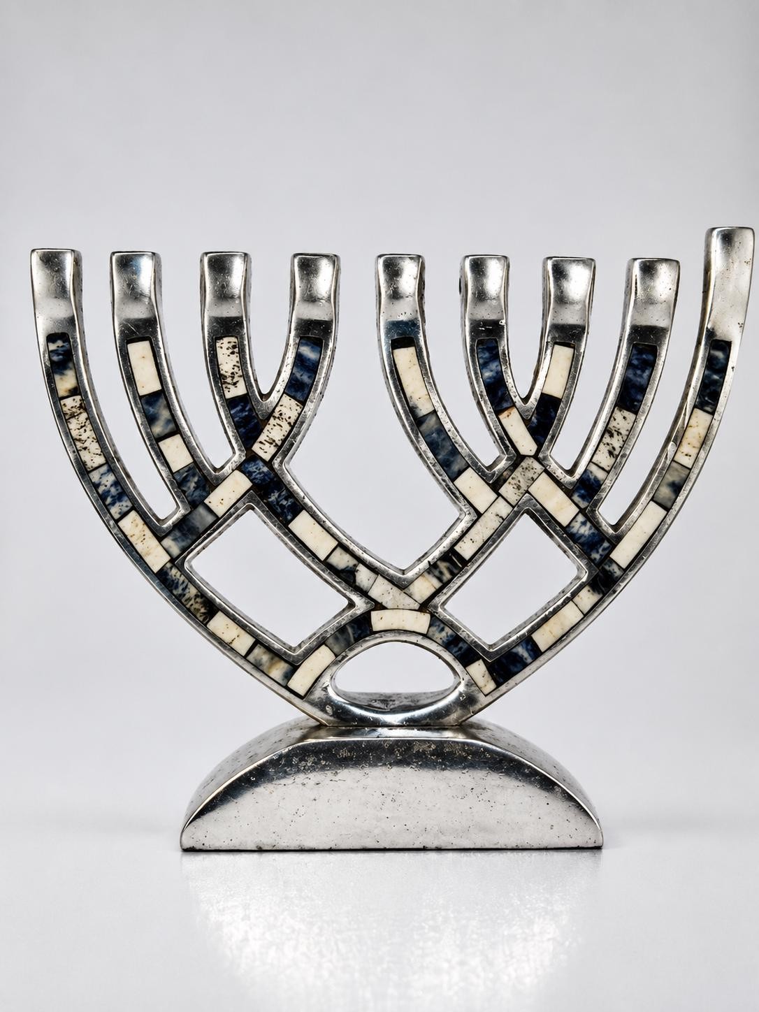Modern Mosaic Hanukkah Menorah with Blue Stone Inlay, 1960s Judaica Piece, view 2