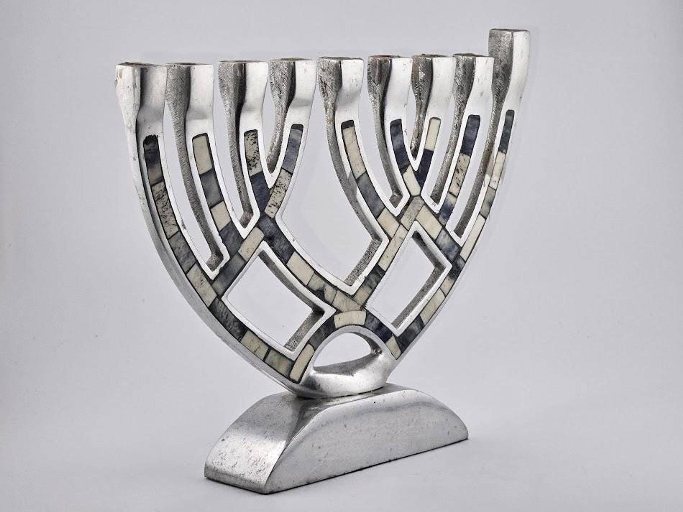 Modern Mosaic Hanukkah Menorah with Blue Stone Inlay, 1960s Judaica Piece, view 3