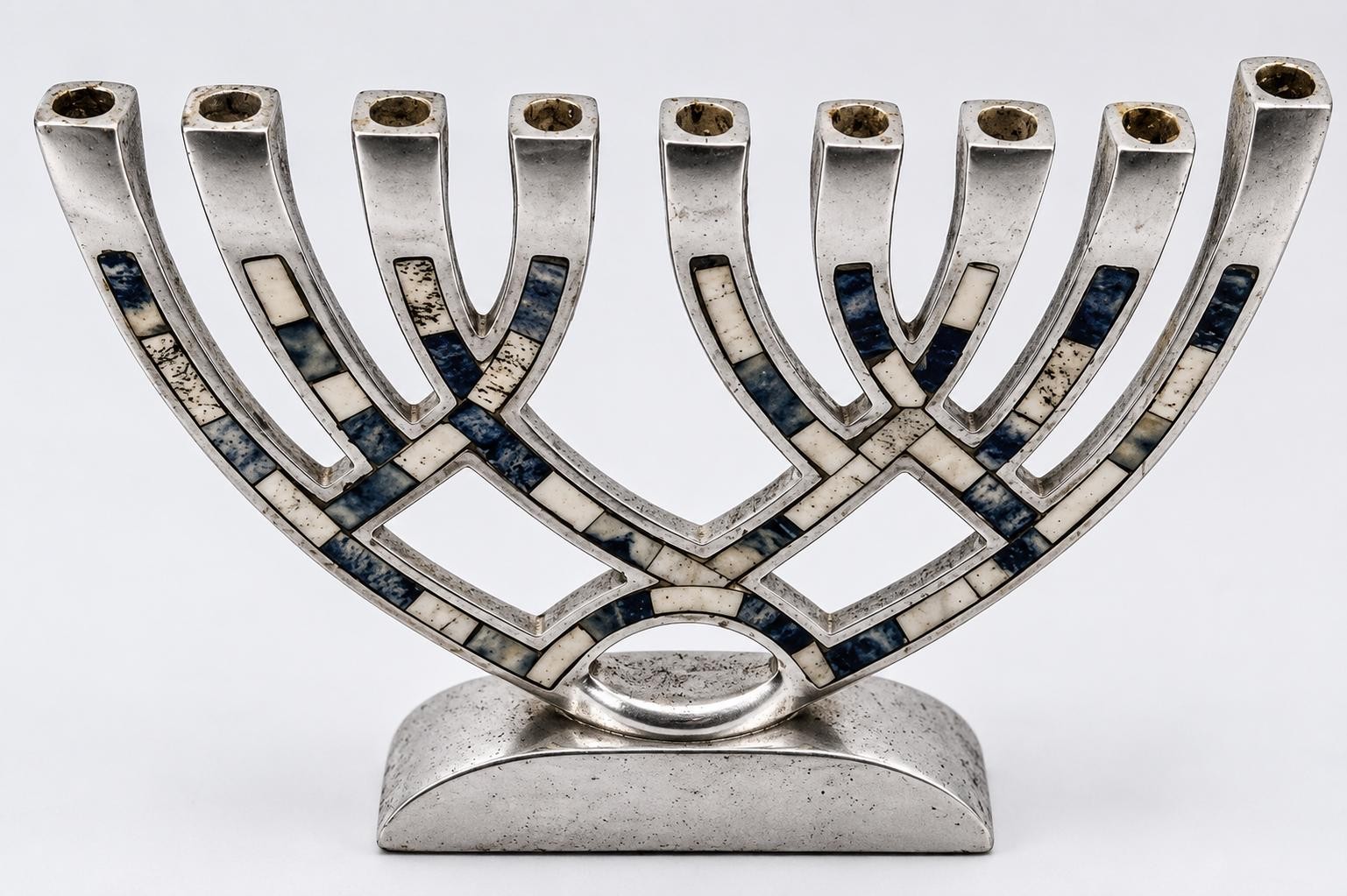 Modern Mosaic Hanukkah Menorah with Blue Stone Inlay, 1960s Judaica Piece, view 4