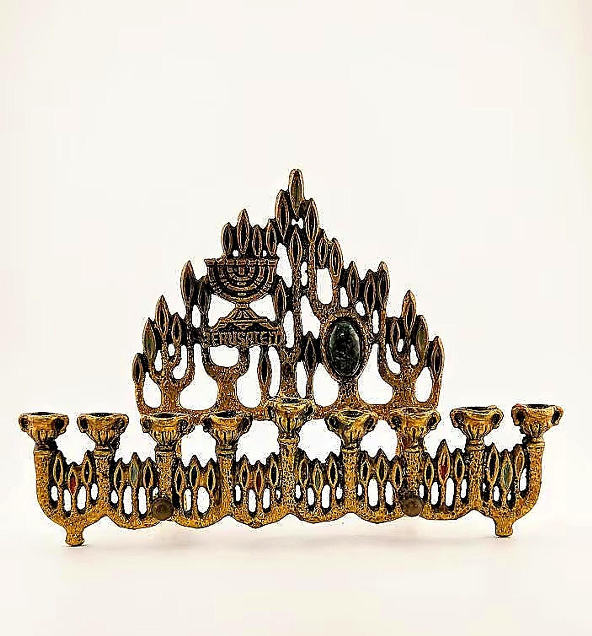 Brass Menorah with Abstract Design, Vintage Jerusalem Candelabra for Hanukkah, view 1