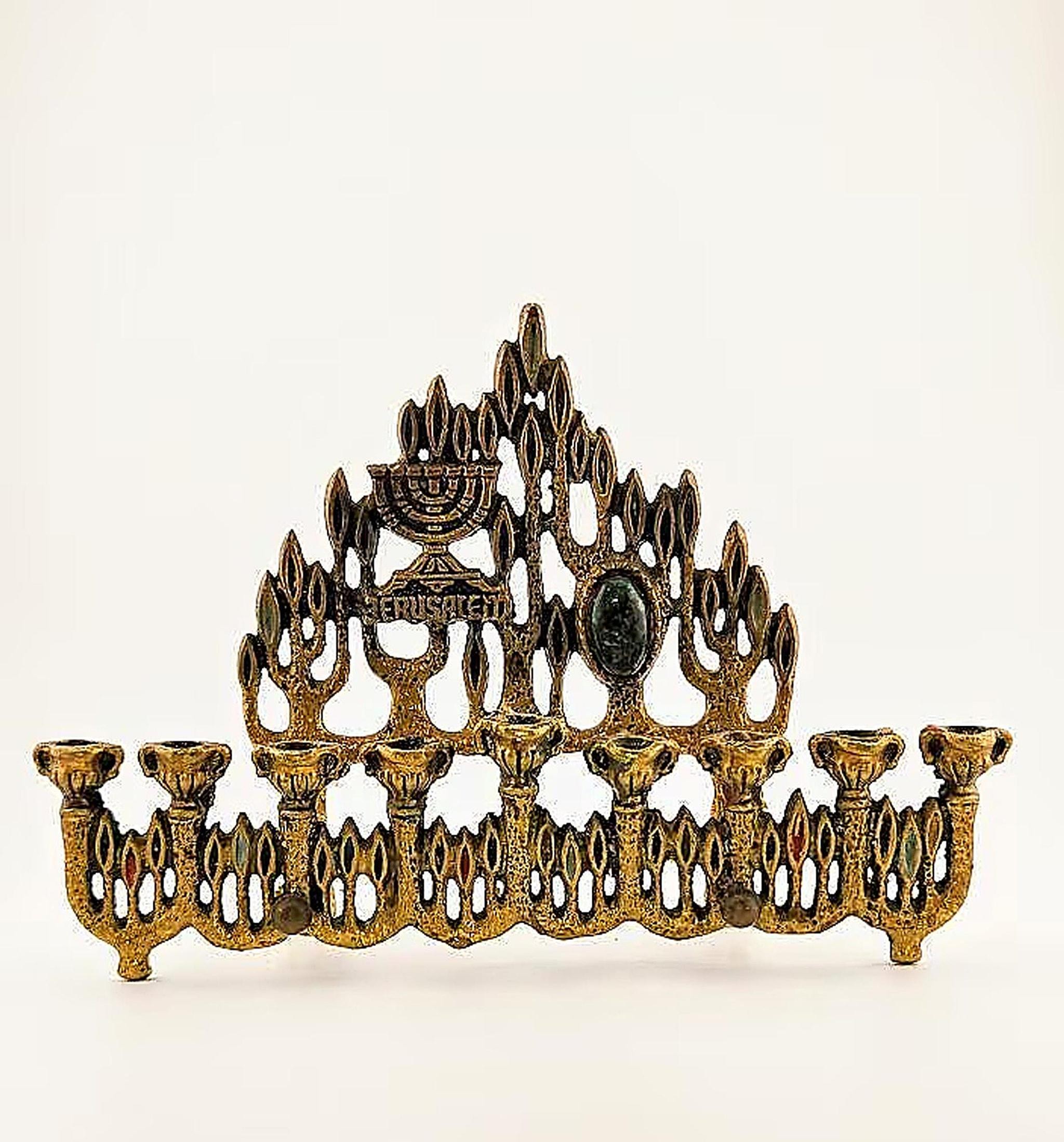 Brass Menorah with Abstract Design, Vintage Jerusalem Candelabra for Hanukkah, view 2