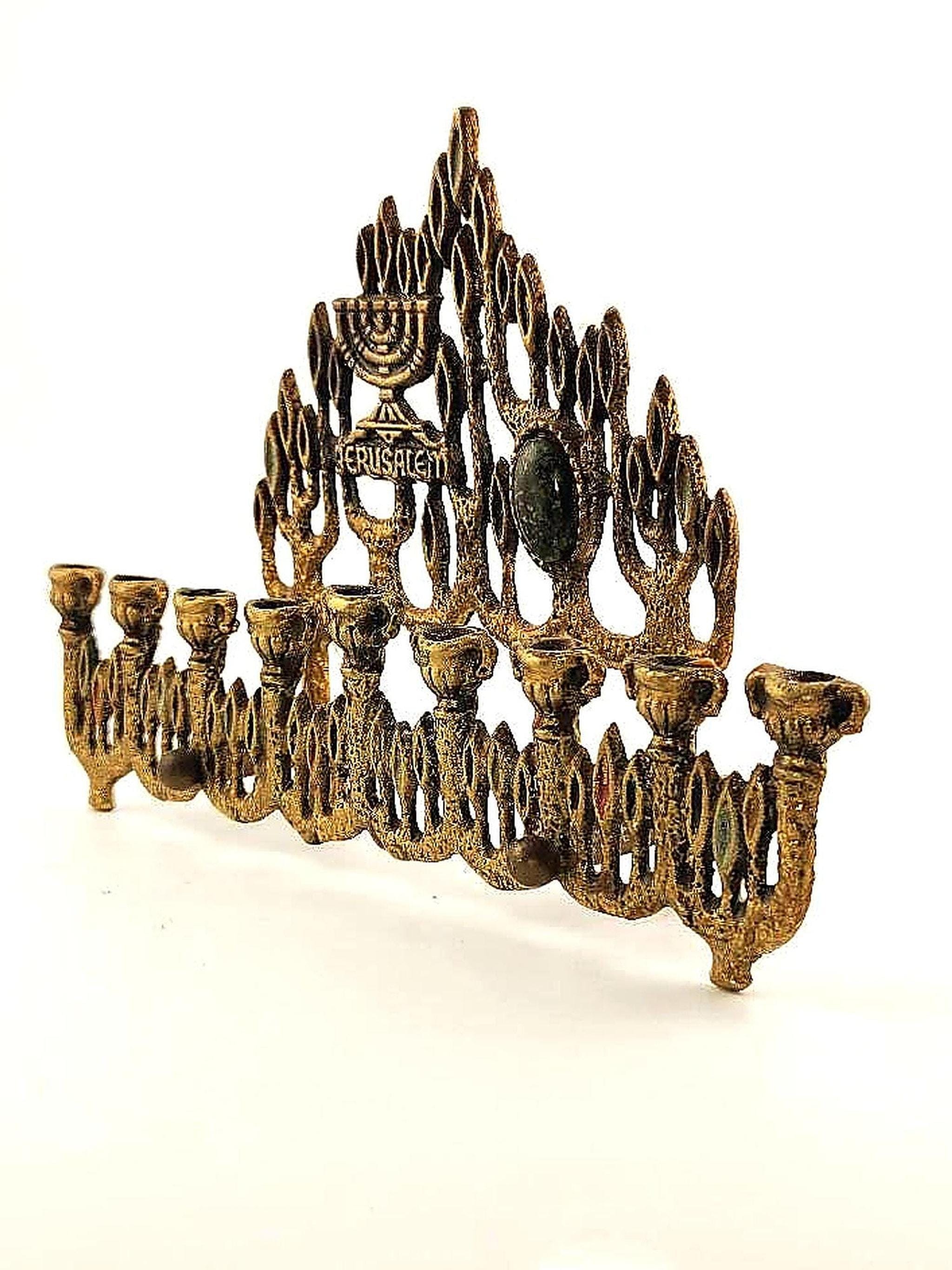 Brass Menorah with Abstract Design, Vintage Jerusalem Candelabra for Hanukkah, view 4