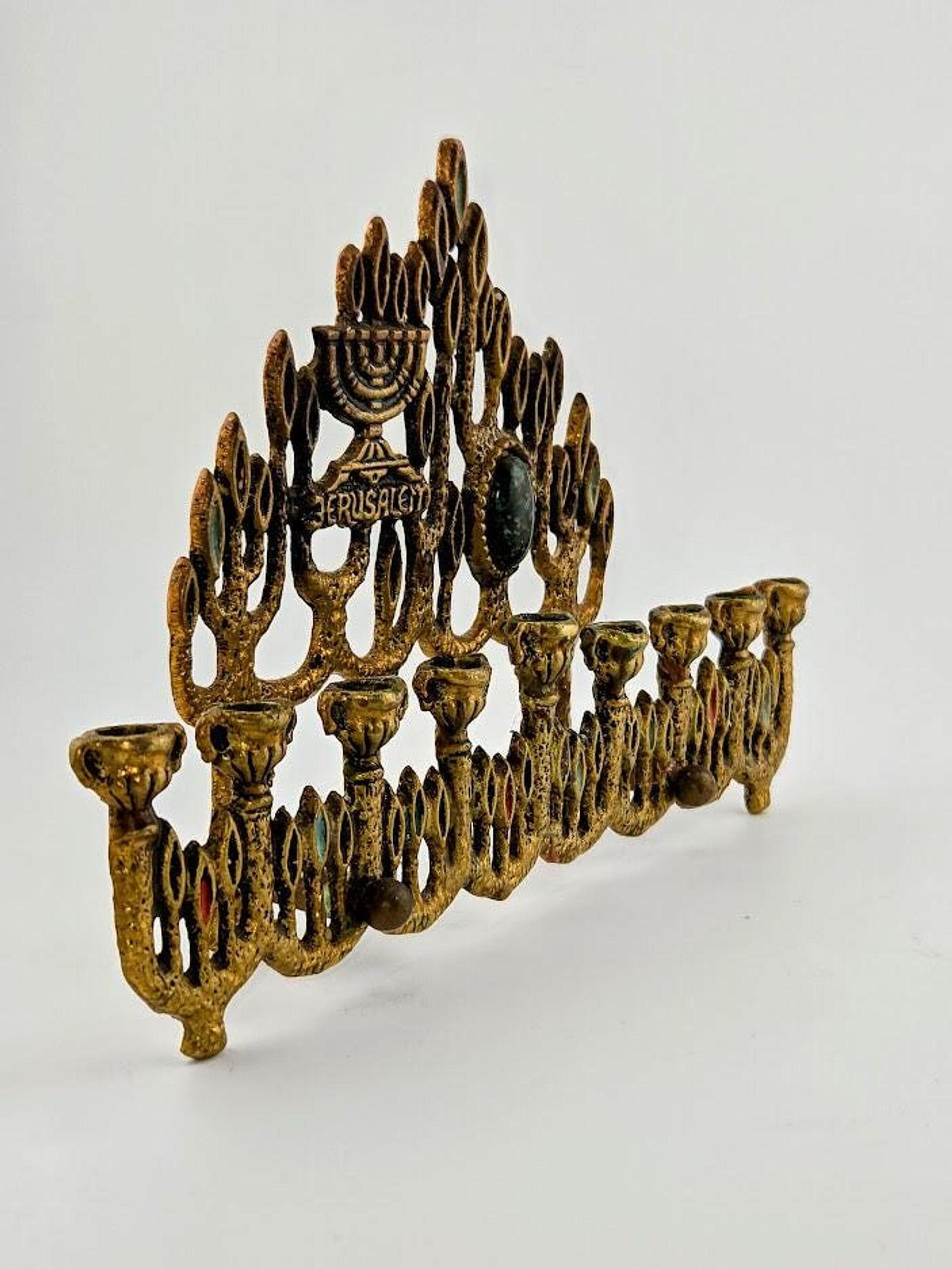 Brass Menorah with Abstract Design, Vintage Jerusalem Candelabra for Hanukkah, view 5