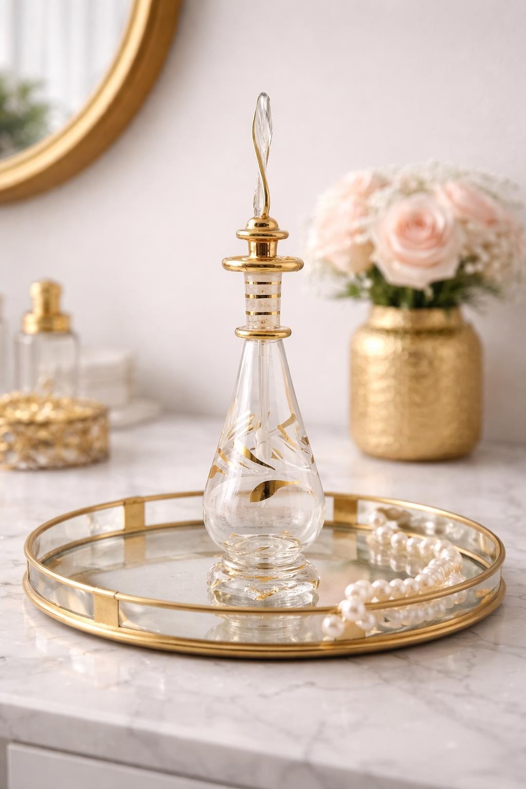 Vintage Gold Trim Perfume Bottle Glass Vanity Decanter Hollywood Regency Decor, view 5