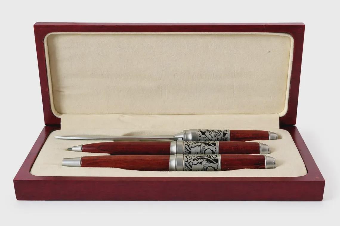 Vintage Sichuan University Rosewood Pen Set | Engraved Metal Scholar Desk Gift