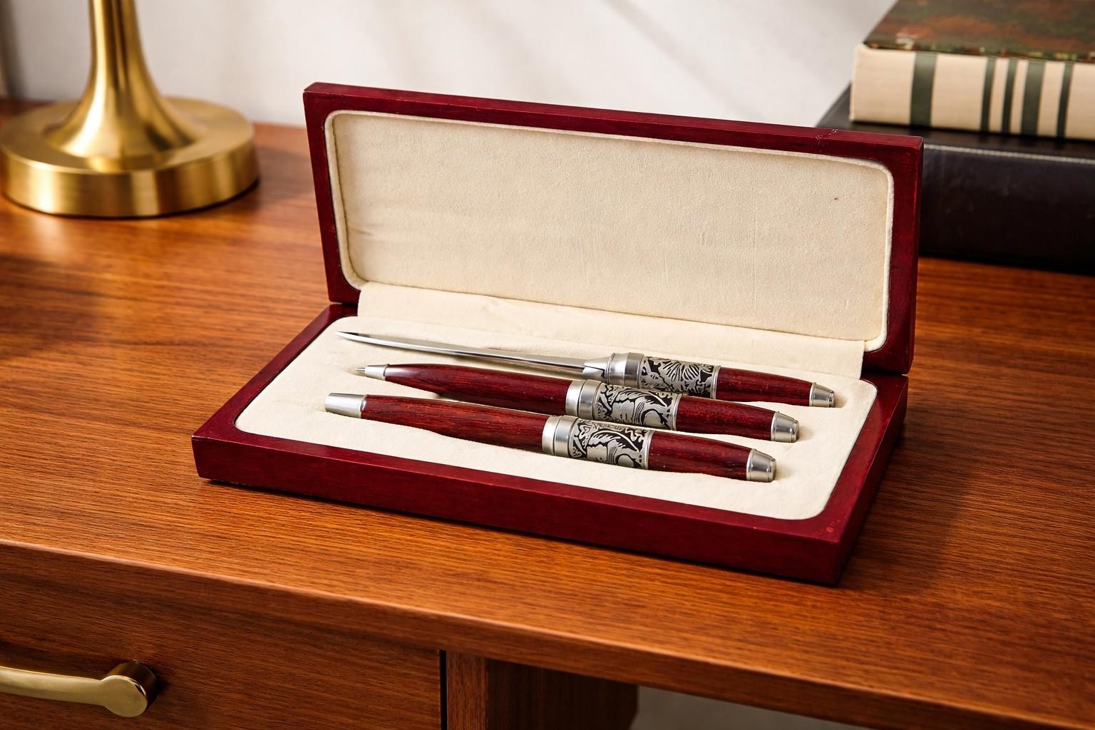 Vintage Sichuan University Rosewood Pen Set | Engraved Metal Scholar Desk Gift, view 3