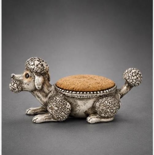 Vintage Pincushion Dog, Charming Silver Poodle Pin Cushion Holder, view 2