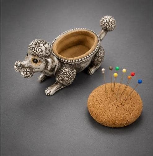 Vintage Pincushion Dog, Charming Silver Poodle Pin Cushion Holder, view 5