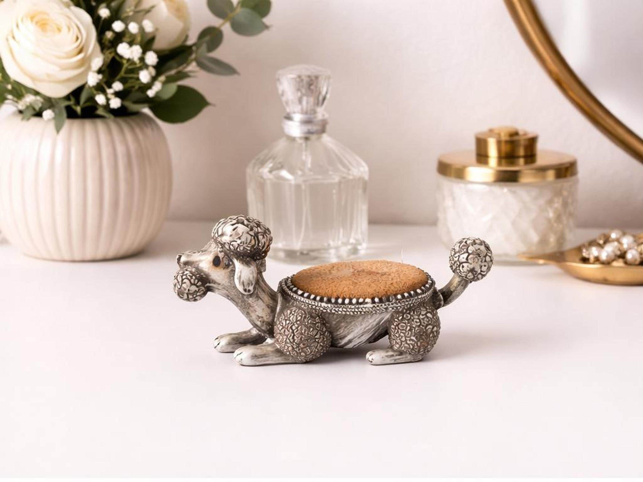 Vintage Pincushion Dog, Charming Silver Poodle Pin Cushion Holder, view 6