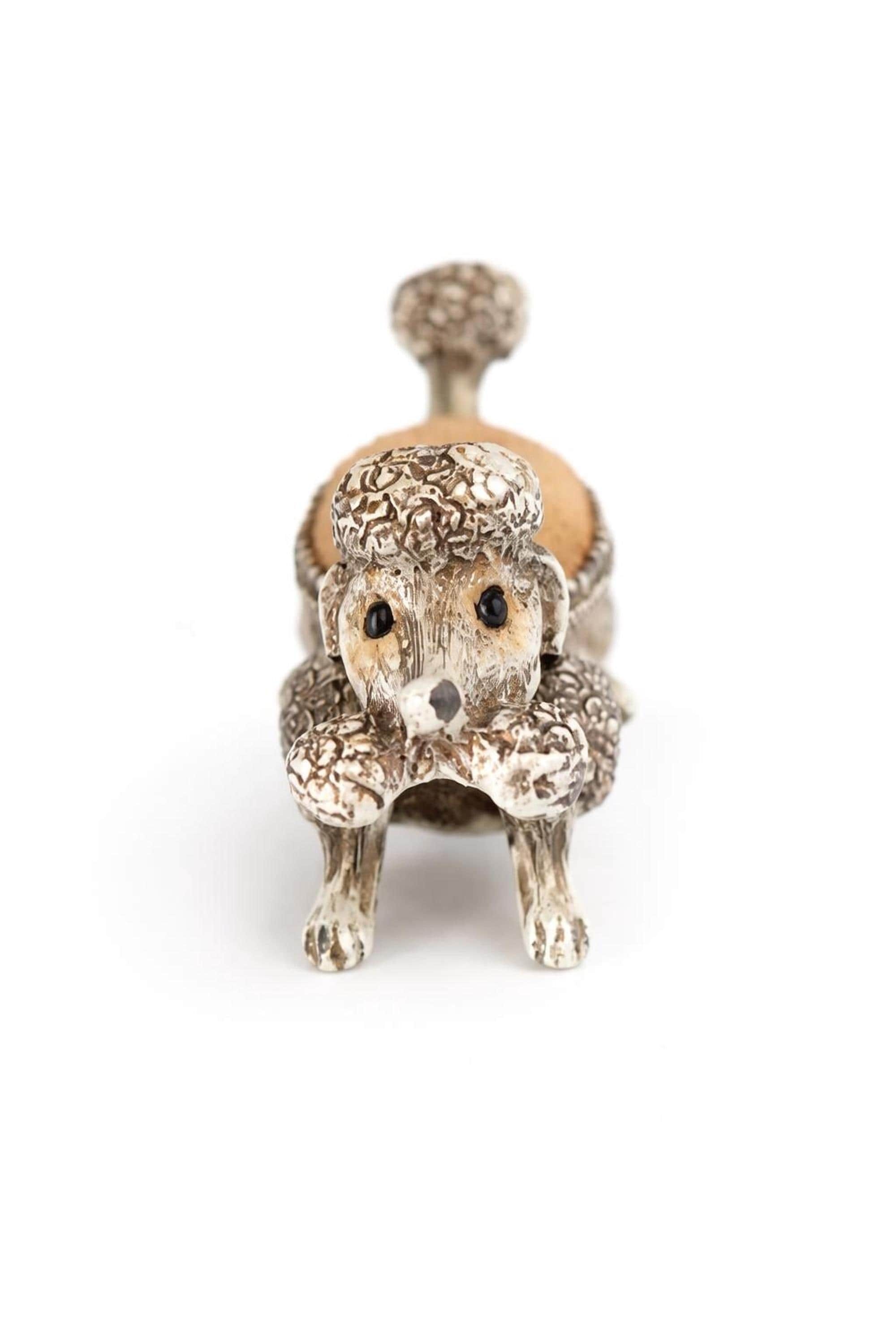 Vintage Pincushion Dog, Charming Silver Poodle Pin Cushion Holder, view 7
