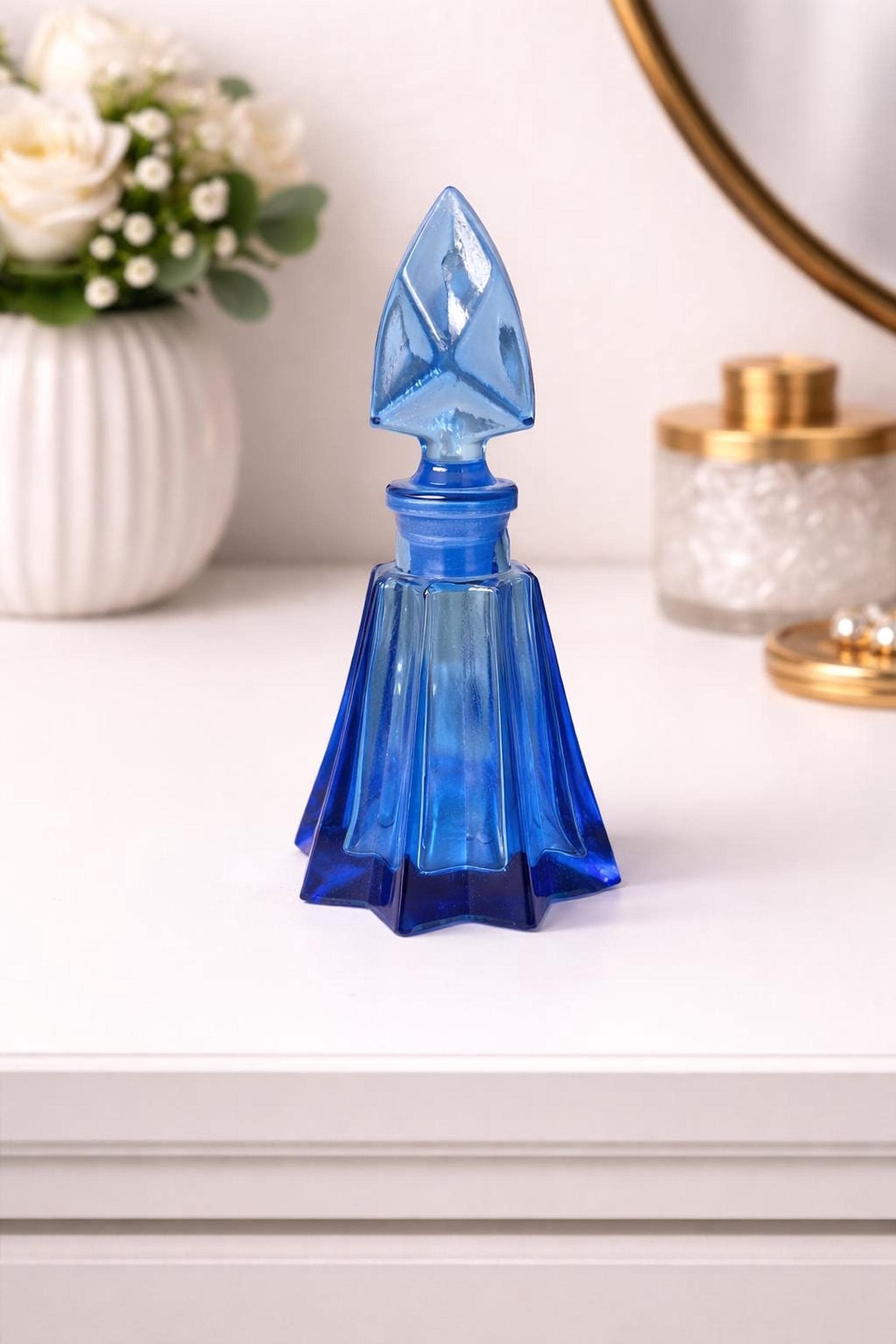 Vintage Cobalt Blue Bottle, Art Deco Glass Perfume with Geometric Stopper