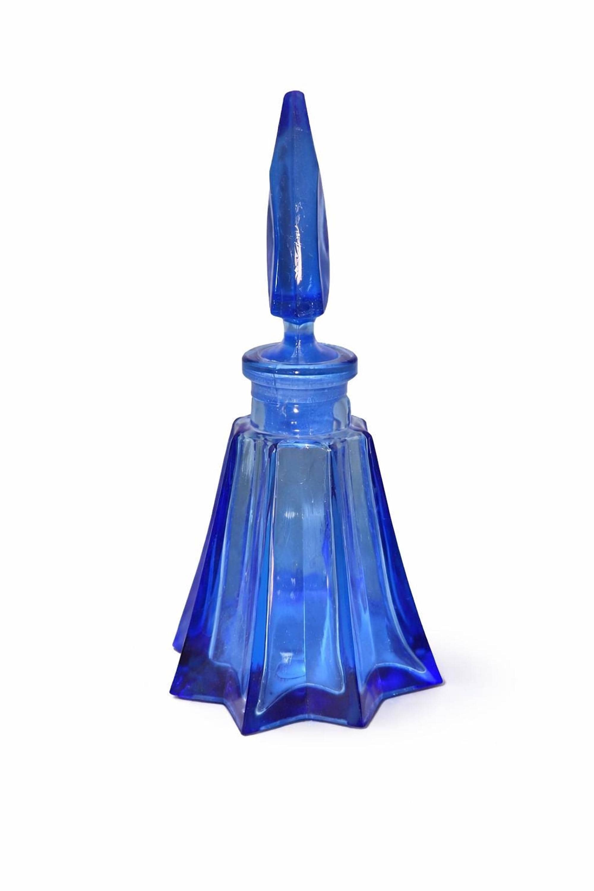 Vintage Cobalt Blue Bottle, Art Deco Glass Perfume with Geometric Stopper, view 2