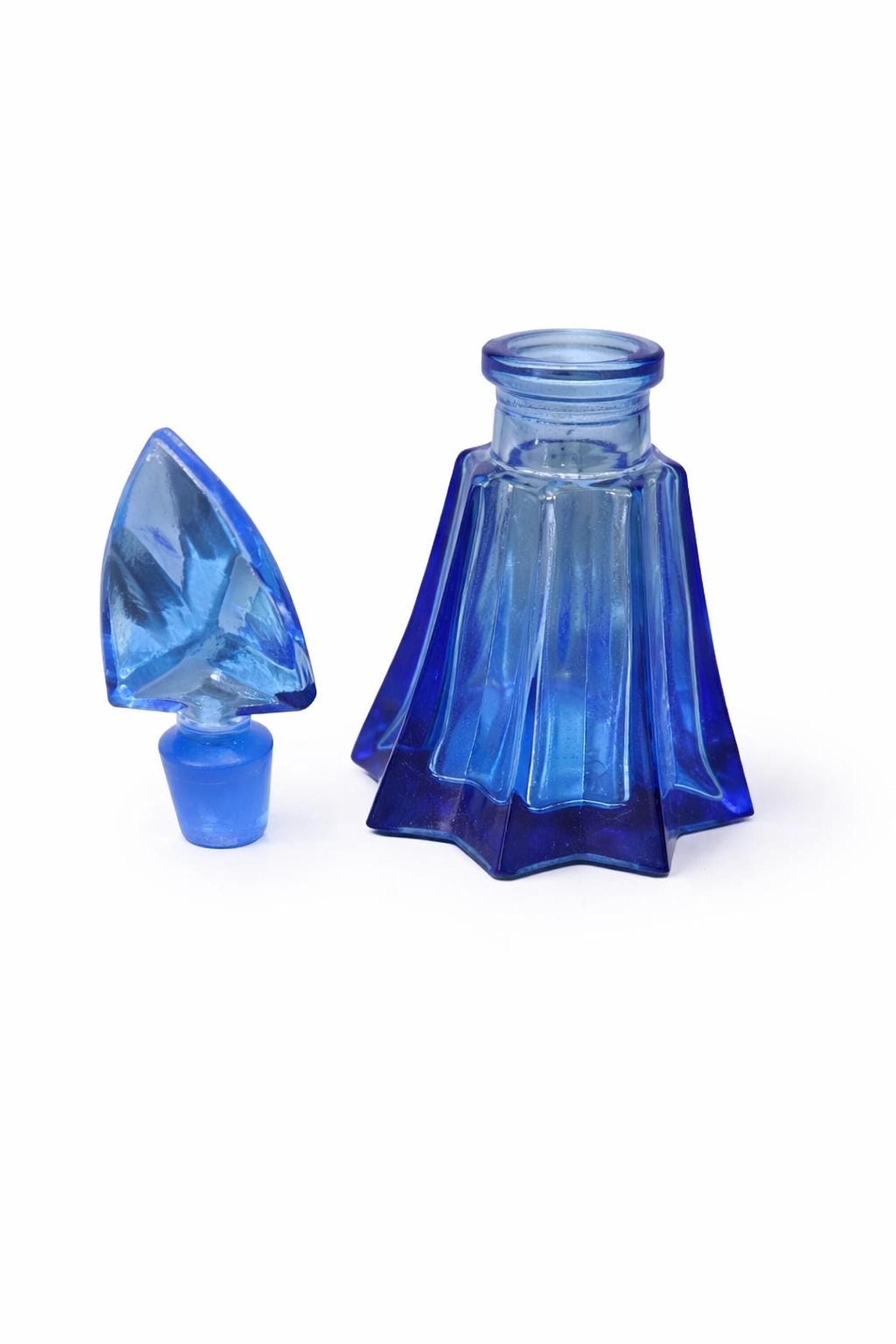 Vintage Cobalt Blue Bottle, Art Deco Glass Perfume with Geometric Stopper, view 3
