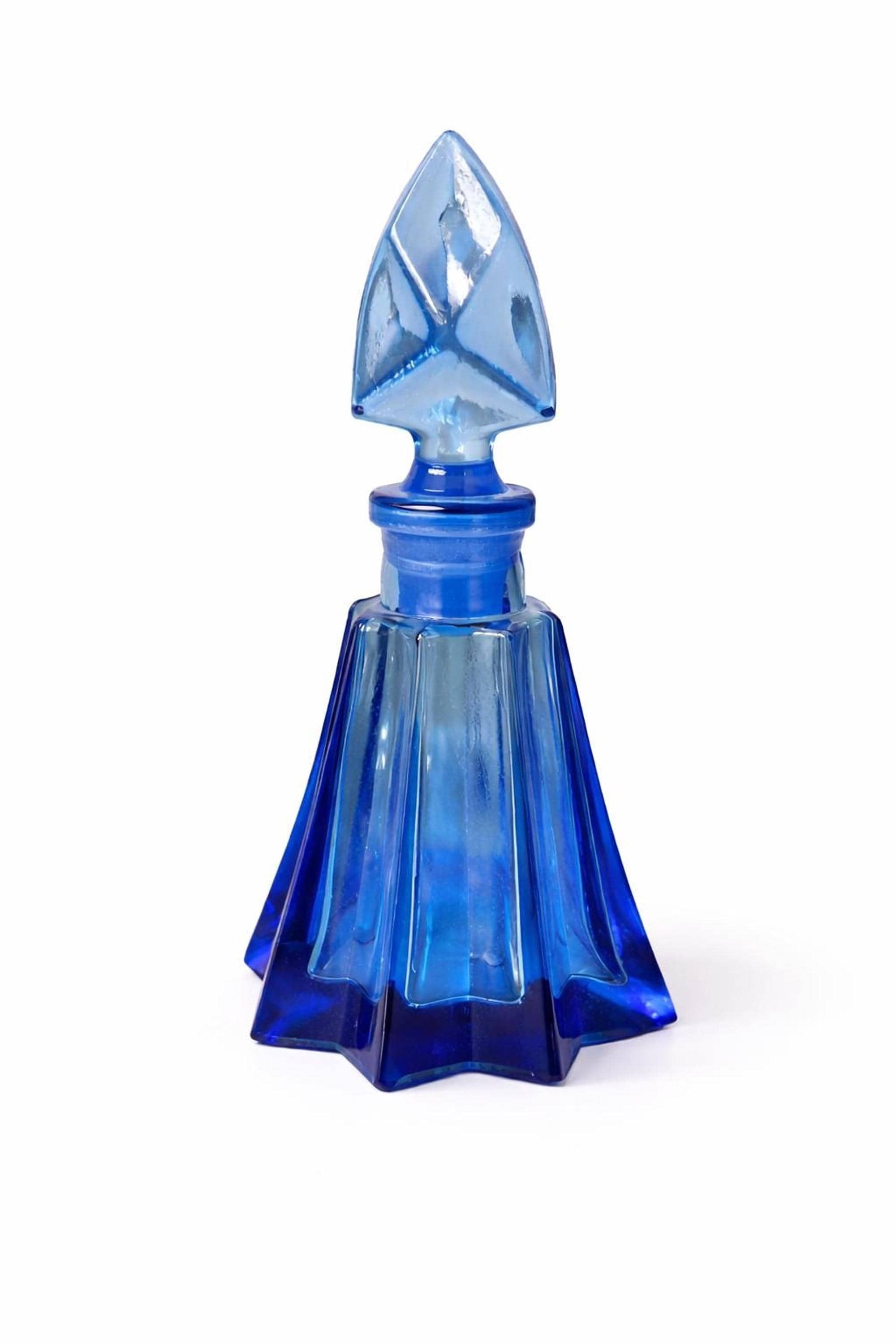 Vintage Cobalt Blue Bottle, Art Deco Glass Perfume with Geometric Stopper, view 4