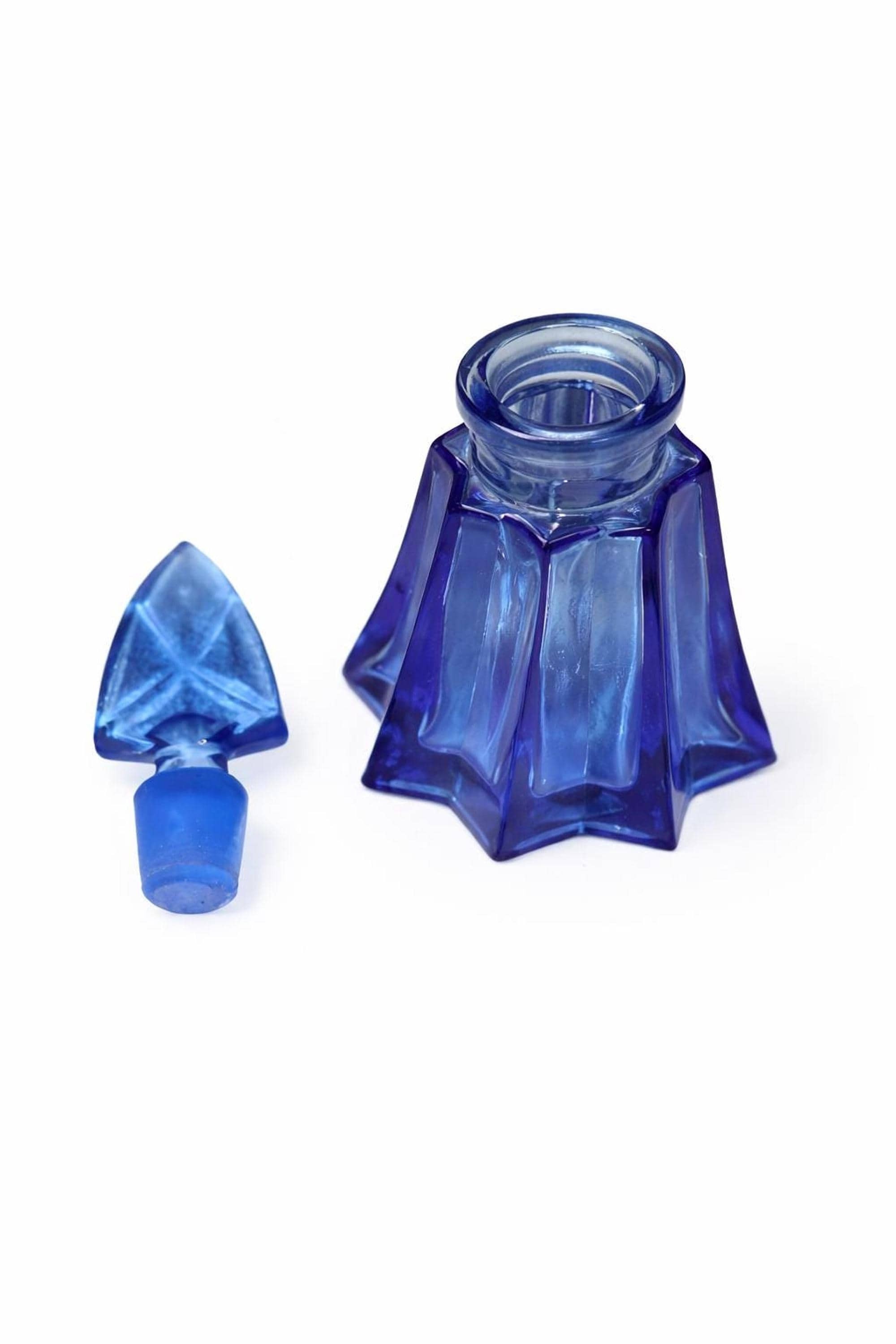 Vintage Cobalt Blue Bottle, Art Deco Glass Perfume with Geometric Stopper, view 5