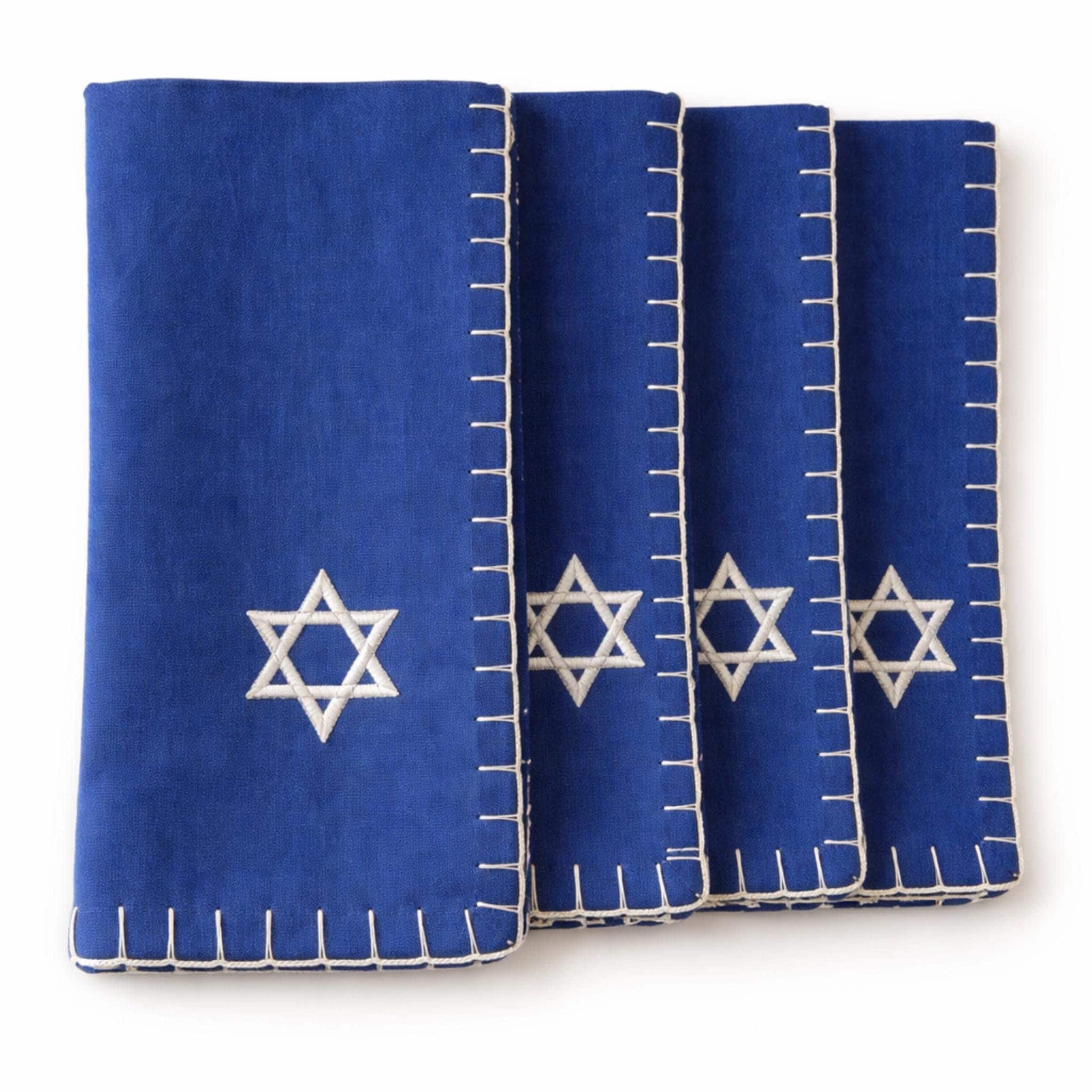 Challah Cover Set of 4 Blue Star of David Embroidered Linen